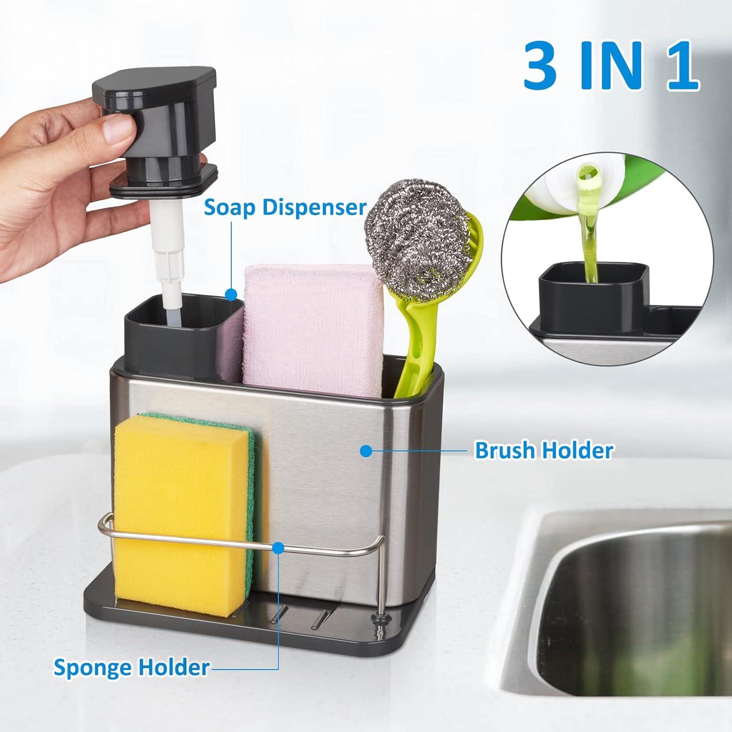 Stainless Steel 3-in-1 Kitchen Sink Soap Dispenser Caddy