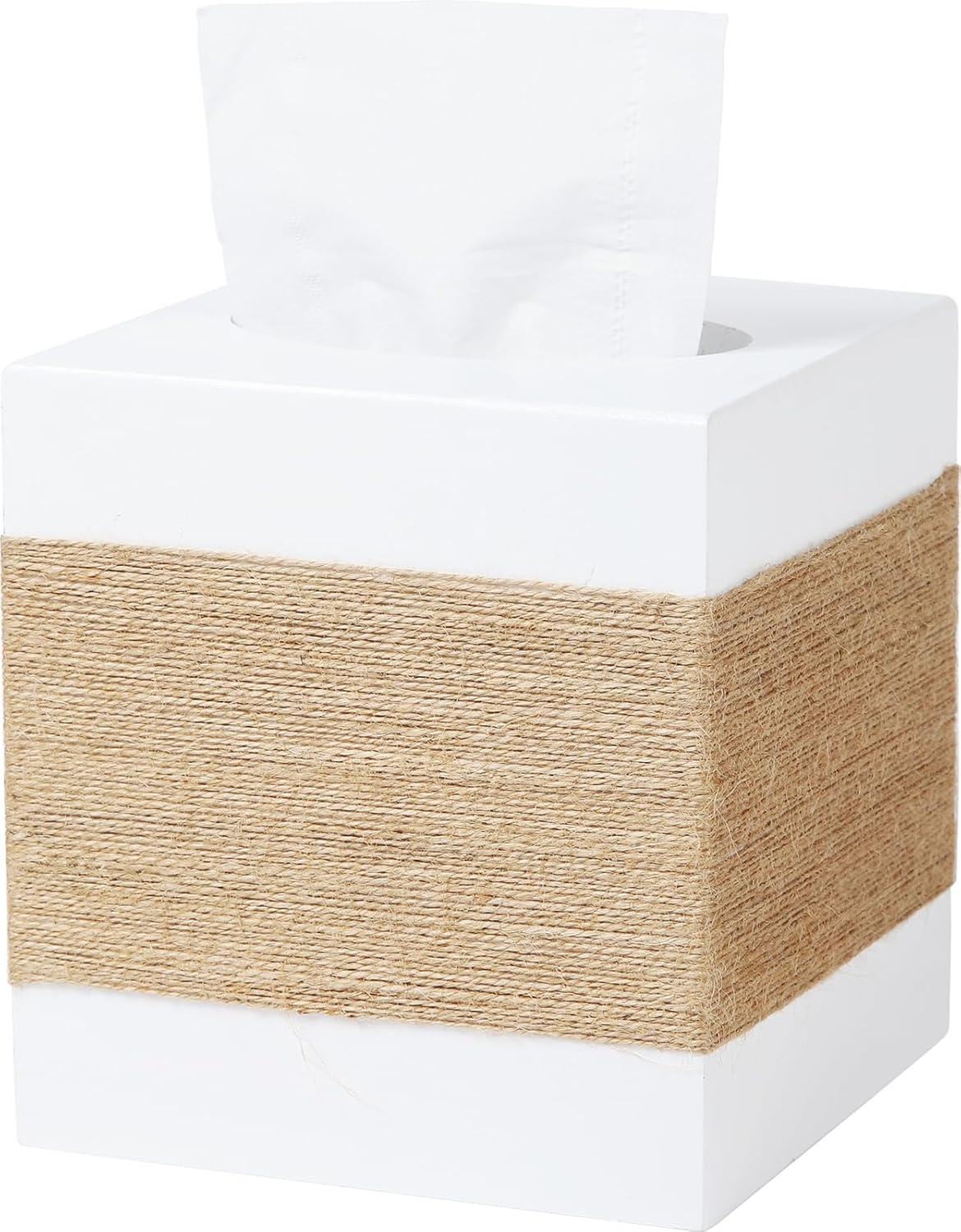 Tissue Box Cover, Wood Tissue Box Cover Square, Farmhouse Tissue Box Holder Covers Your Tissues, Decorative Tissue Cube Box Cover with Slide-Out Bottom (White)