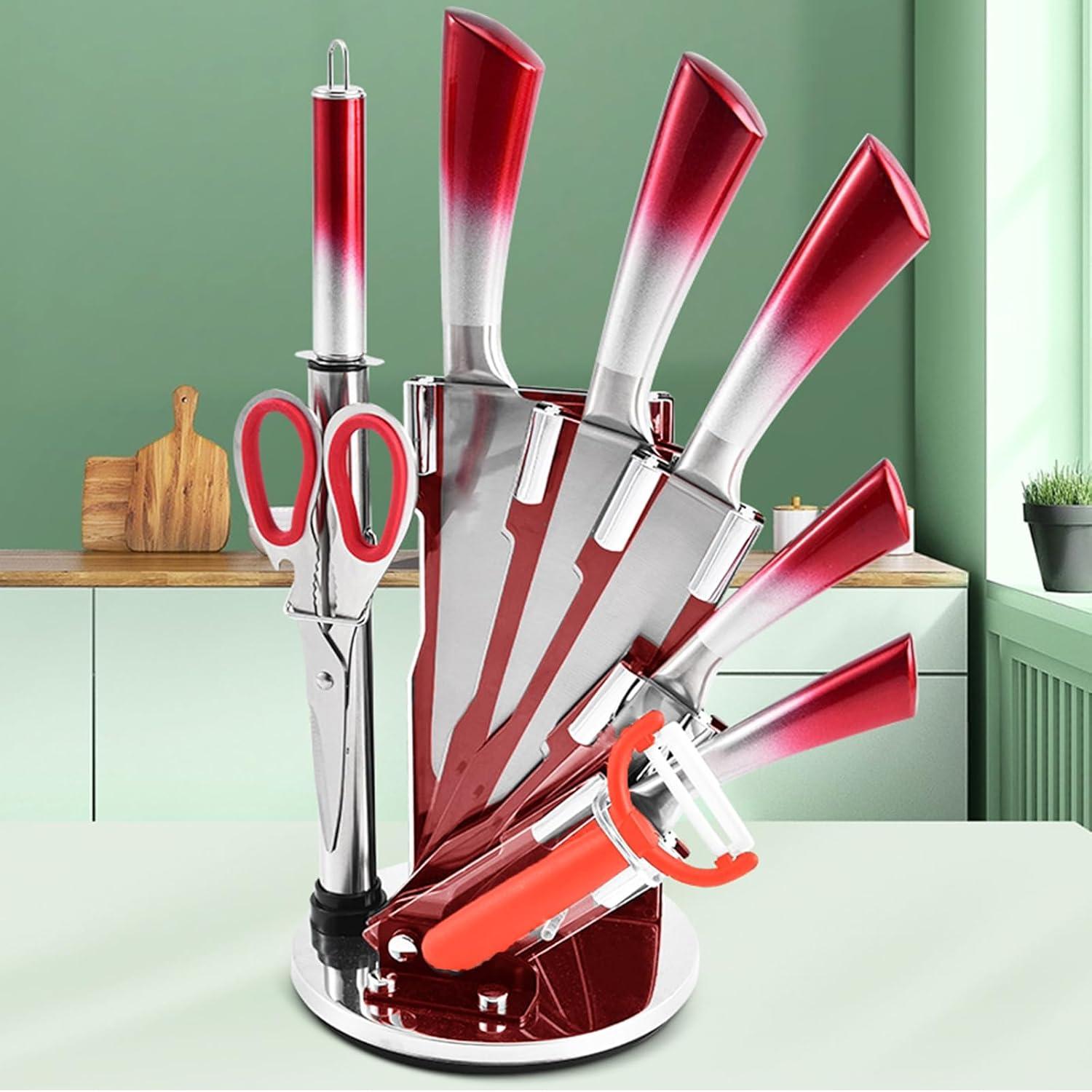 Kitchen Knife Set, 9-Pieces Red Coated Knife Block Set, Stainless Steel Chef knife Set with Sharpener Peeler Scissors, Sharp Non-Stick Knives Set with Rotatable Holder for Cutting Slicing Dicing