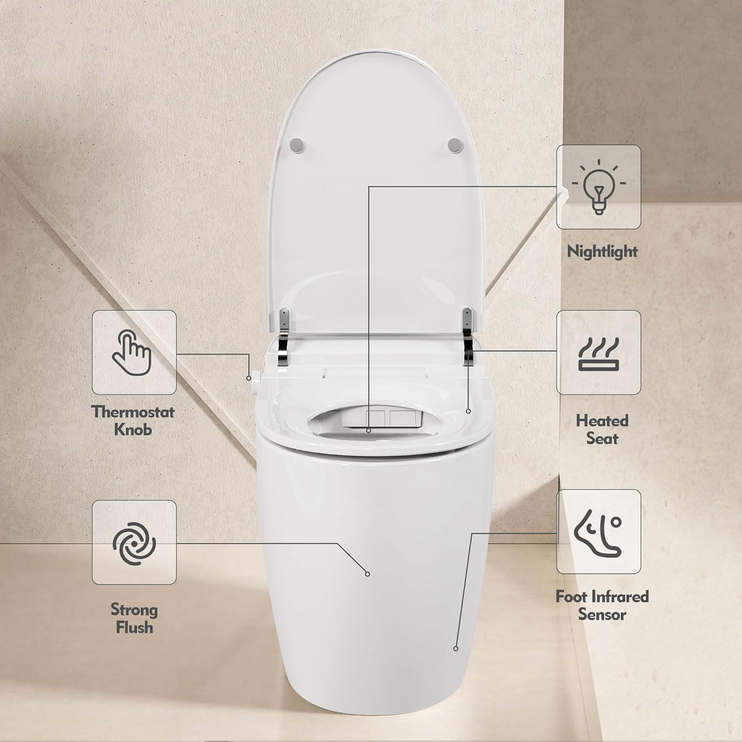 Heated Seat Smart Toilet, One Piece Toilet, Automatic Flush Tank Less Toilet Without Bidet, With Foot Sensor Flush Night Light, Knob Control, Power Outage Flushing, Soft Close Cover