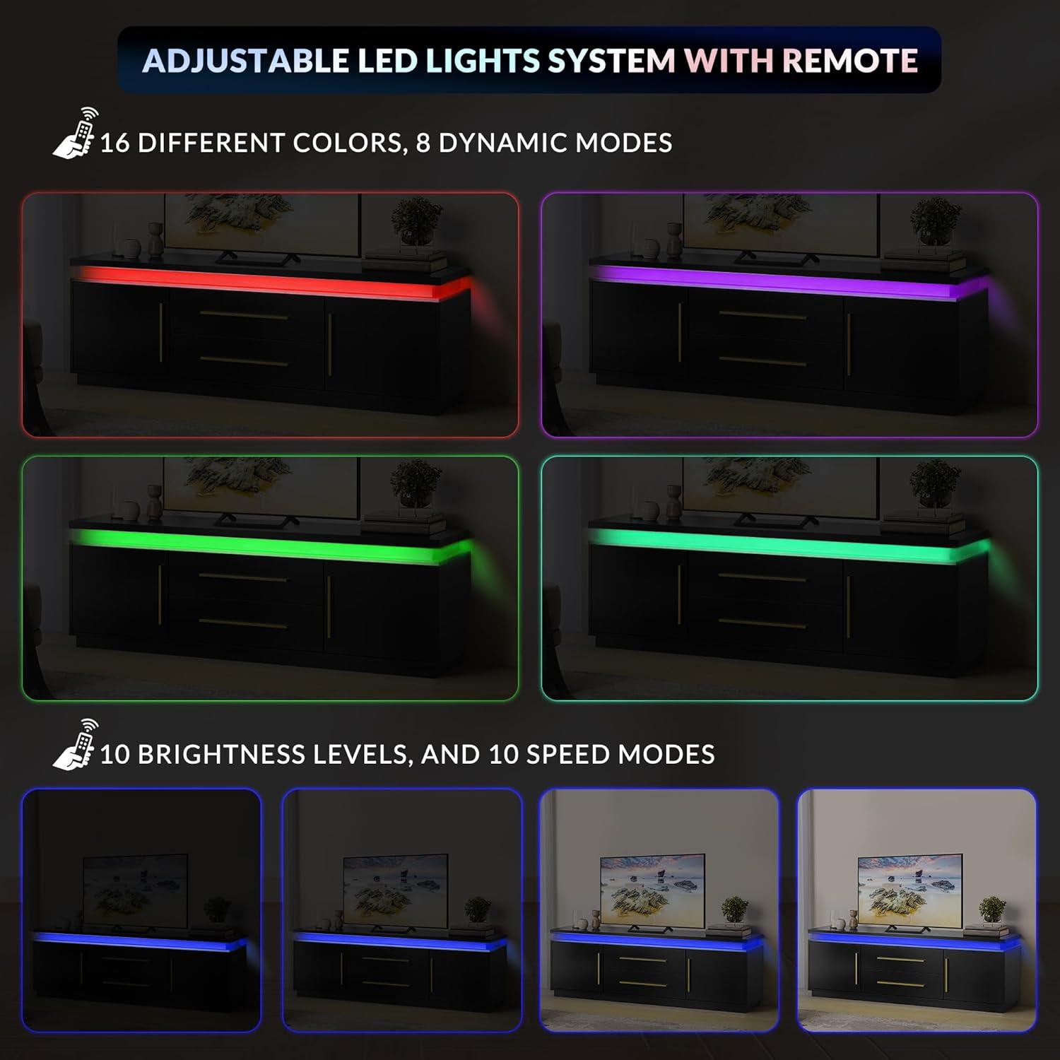 BELLEZE 67" TV Stand for TV up to 75",  with LED Lights Change to Melody of Music - Studio (Black)