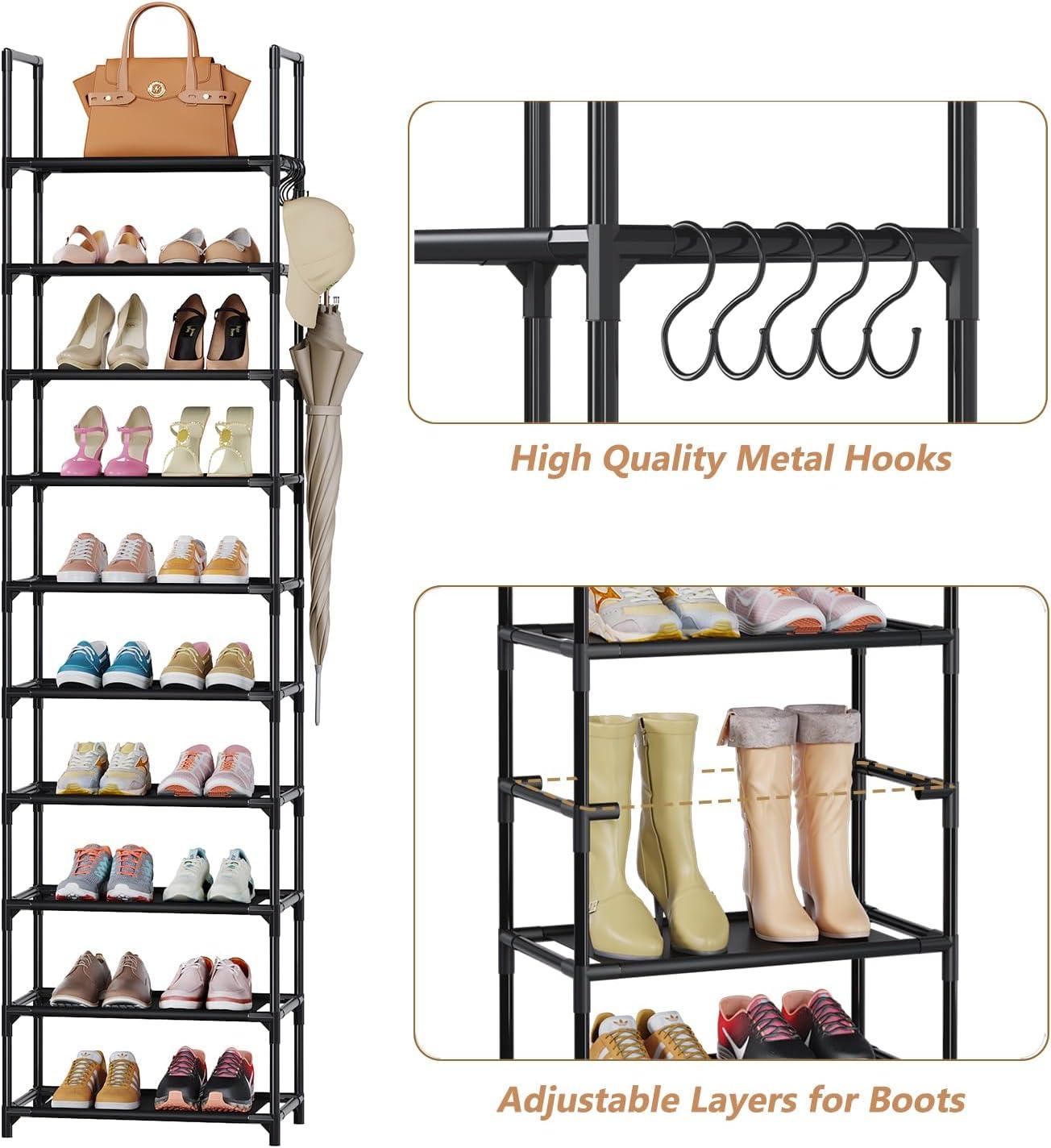 10 Tier Metal Shoes Rack, BUG HULL Narrow Stackable Shoes Shelf with Hooks, Shoe Tower for 20-24 Pairs Shoe and Boots Organizer, Black