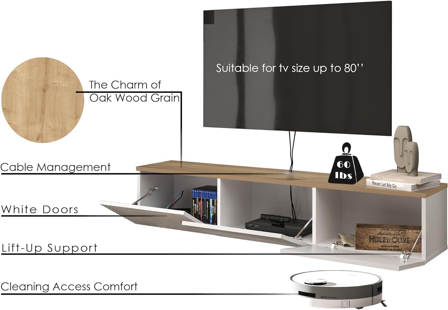 Modern White and Oak Floating TV Stand with Cabinet