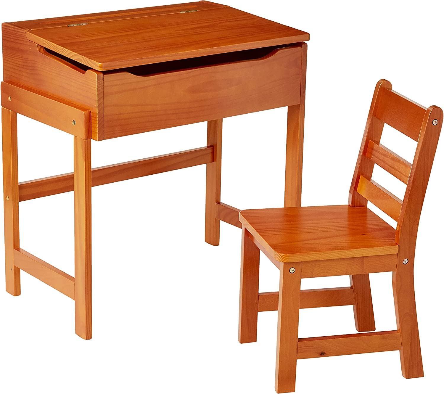 Pecan Wood Slanted Top Desk and Chair Set