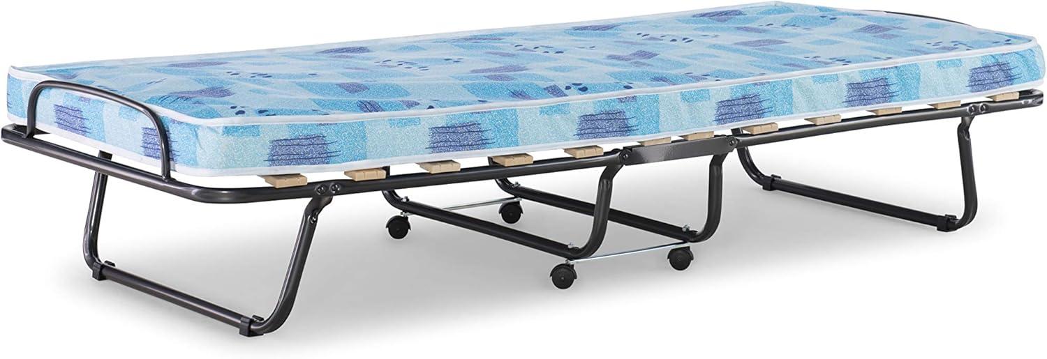 4" Twin Mattress Metal Frame Roma Rollaway Folding Guest Bed Blue - Linon: Portable, Space-Saving Design with Casters