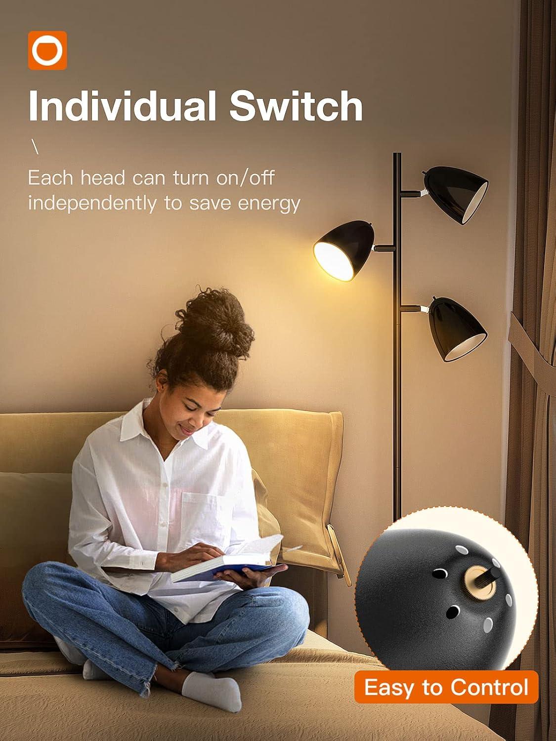 addlon Tree Floor Lamp with 3 Adjustable Rotating Lights and Matching LED Bulbs, Standing Tall Pole Lamps for Living Room, Bedroom, Home, Office - Black