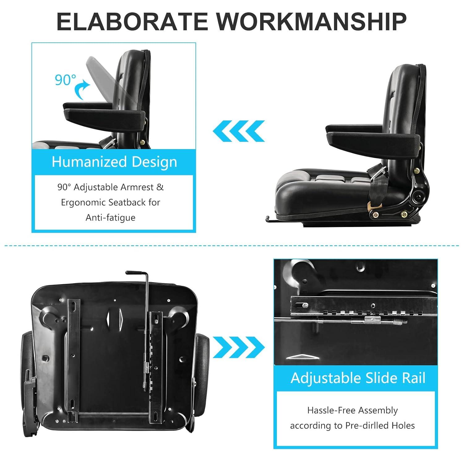 Black Adjustable PVC Forklift and Tractor Seat with Armrests