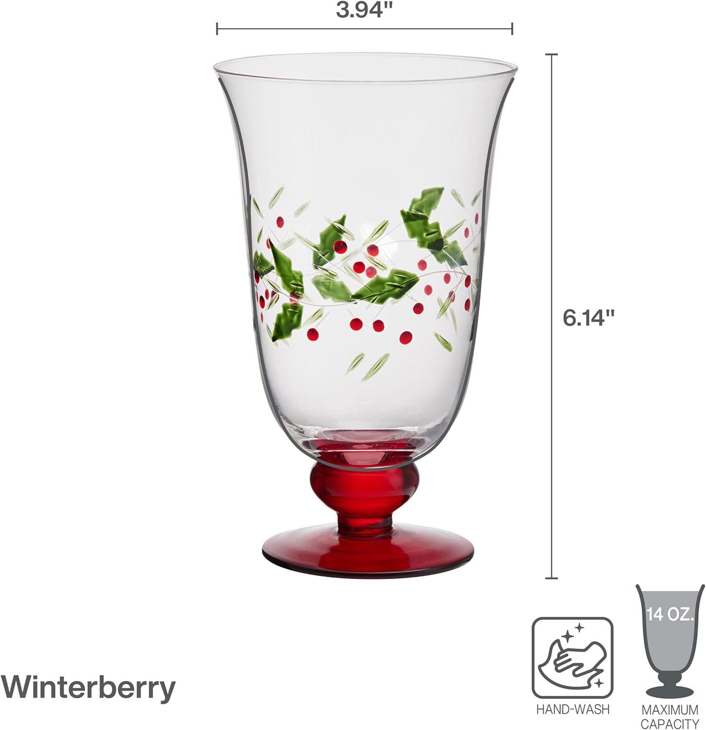 Winterberry Holiday Glass Goblets with Red Base, Set of 4