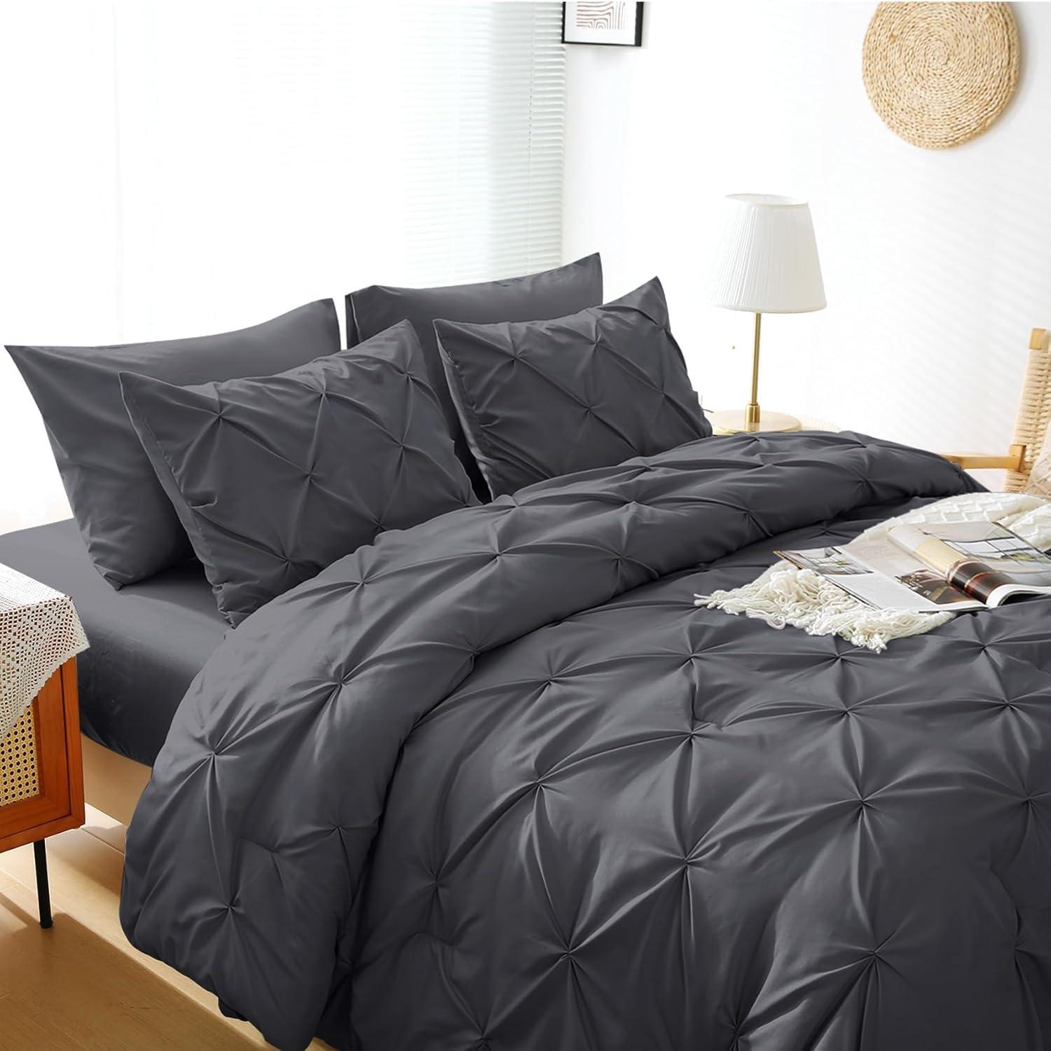 Dark Grey Pintuck Queen Bed in a Bag Set