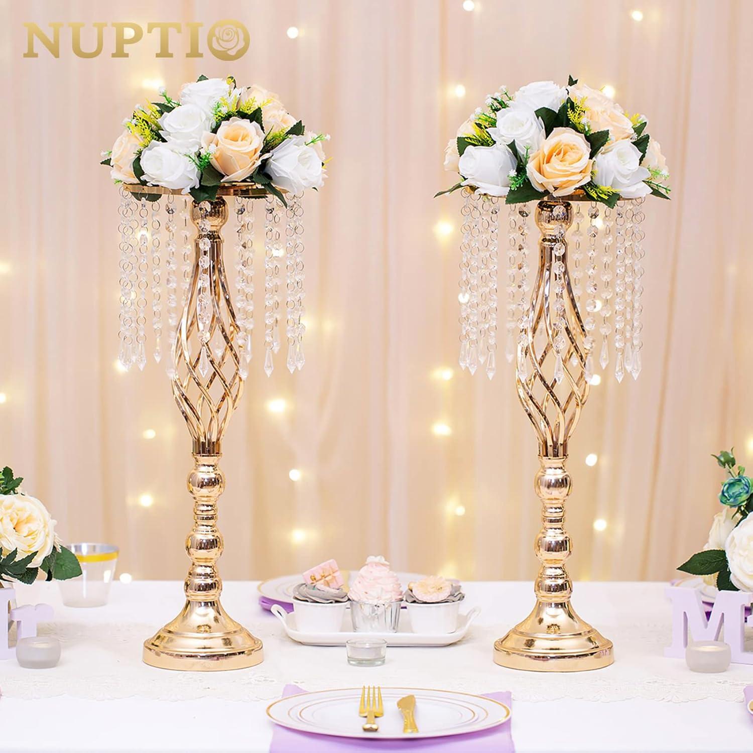 Nuptio Set of 10 Champagne Artificial Flower Kissing ball, 15 Heads Fake Peony Silk Rose Flowers Bouquet for Centerpiece Wedding Birthday Party Home Table Decor
