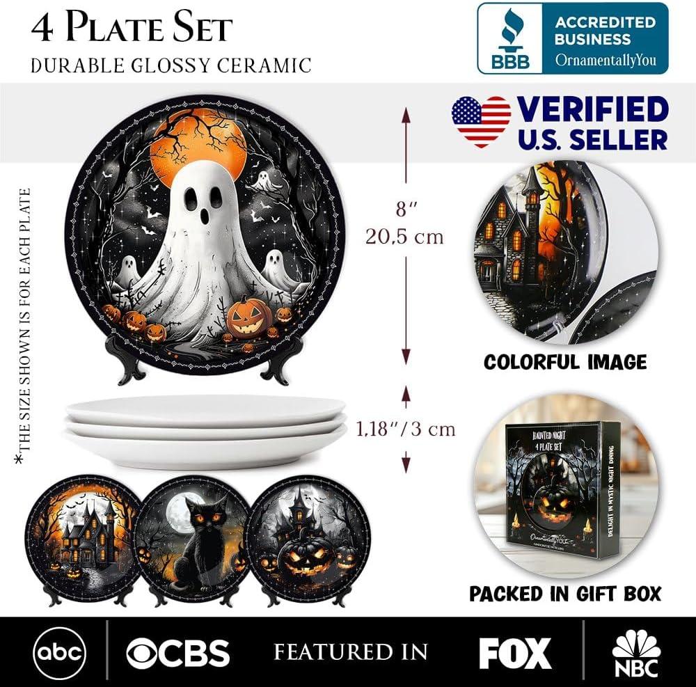 Haunted Night Set of 4 Plates, Black Halloween Tableware Collection for Salad, Dessert, Appetizer, and Side Plates| OrnamentallyYou