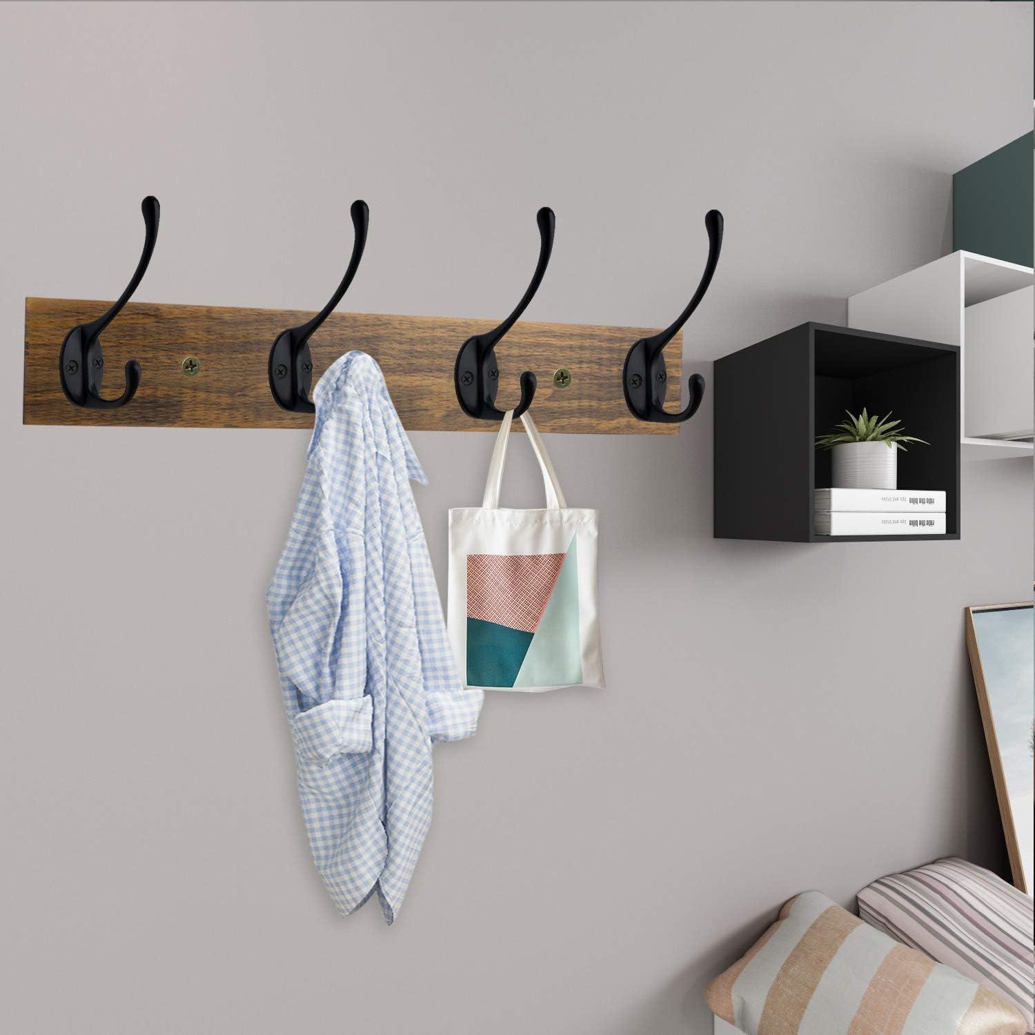 Futeen Wall Mounted Wooden Coat Rack with 4 Black Zinc alloy Hooks