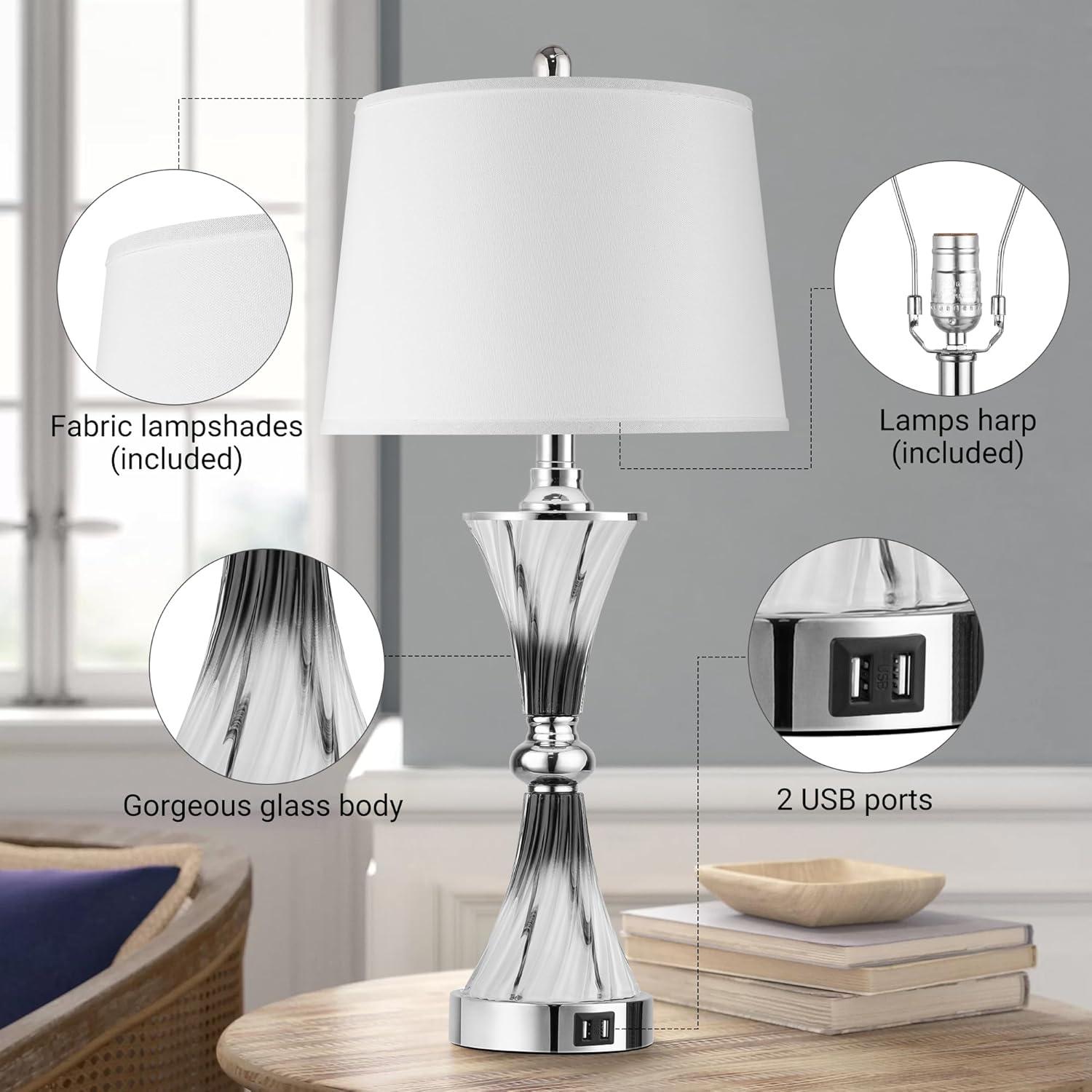 Touch Control Dimmable Table Lamps for Bedrooms, 3-Way Gold Crystal Bedside Lamp with USB Ports, Set of 2 Contemporary End Table Lamps with White Drum Shade for Living Room Reading, LED Bulbs Included