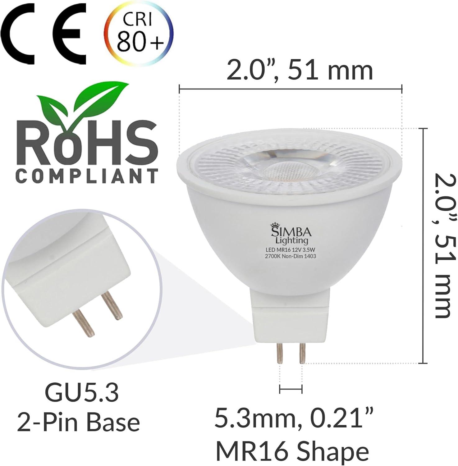 Simba Lighting LED MR16 3.5W 20W Halogen Replacement Bulbs 12V GU5.3 BiPin 2700K Soft White 6-Pack