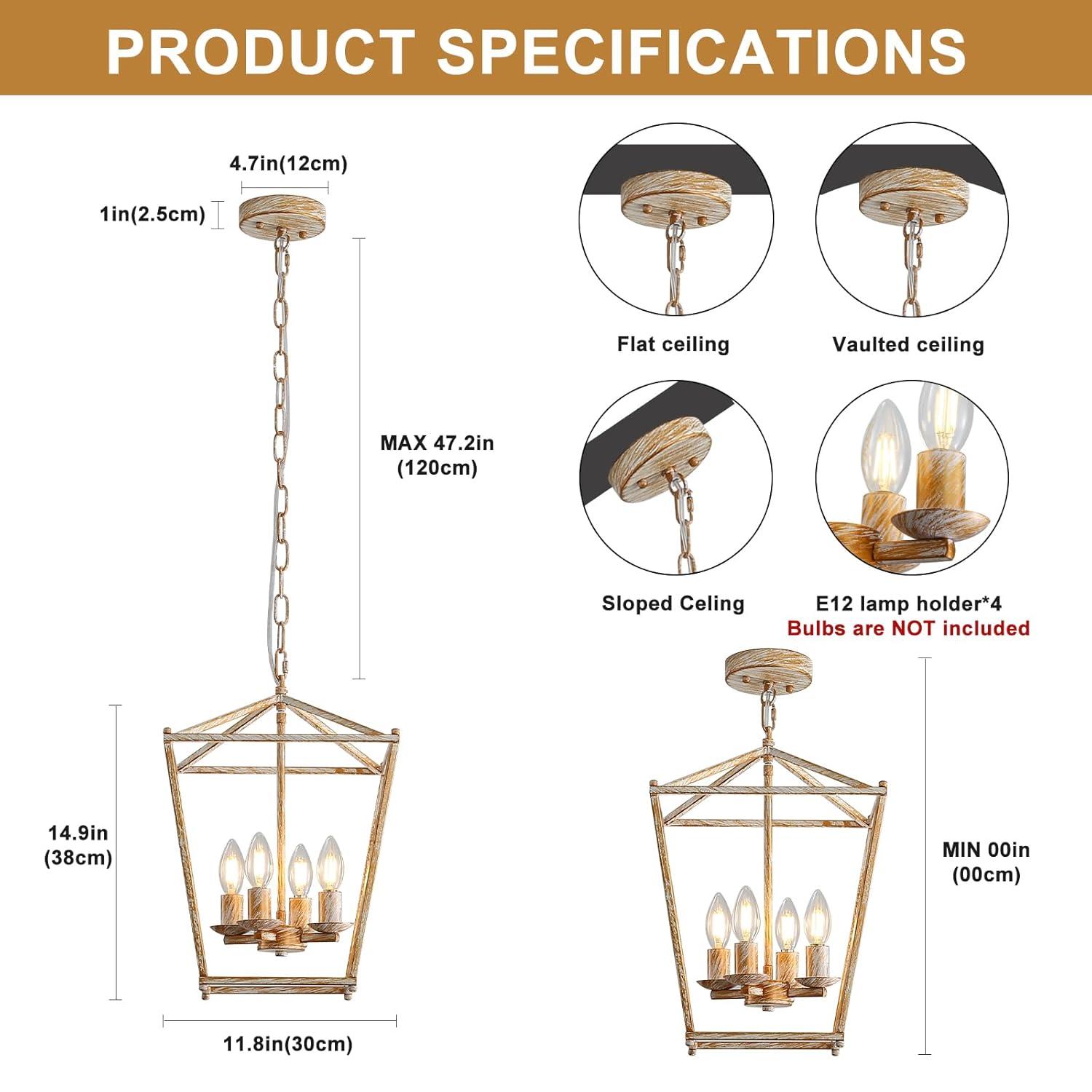 Rustic Lantern Chandeliers 4-Light Ceiling Cage Hanging Lights Gold Pendant Light Fixtures for Kitchen Island Dining Room Farmhouse Entryway Foyer