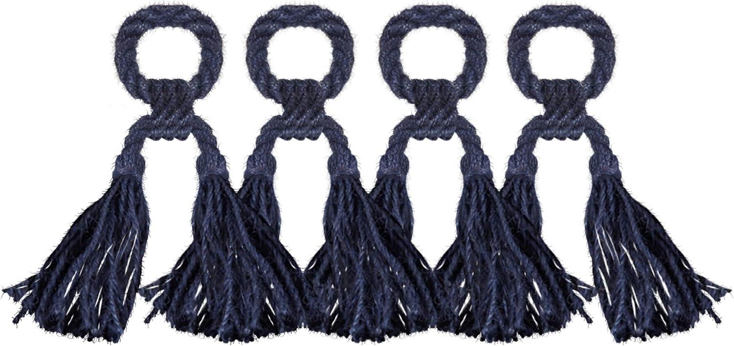 Saro Lifestyle Jute Tassel Napkin Rings (set of 4), Blue