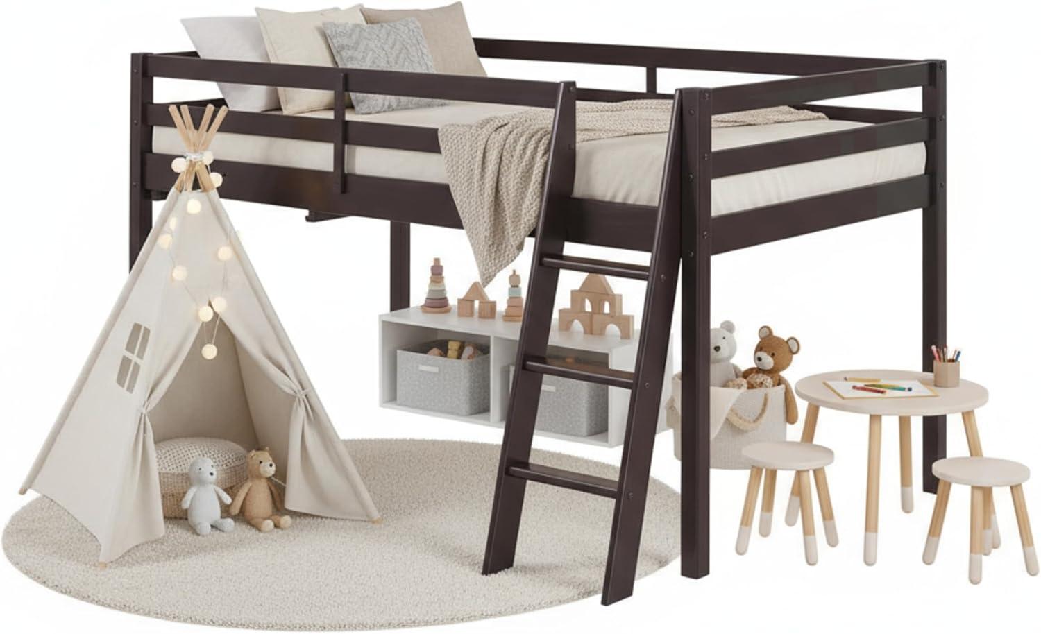 Espresso Twin Loft Bed with Ladder and Guardrails