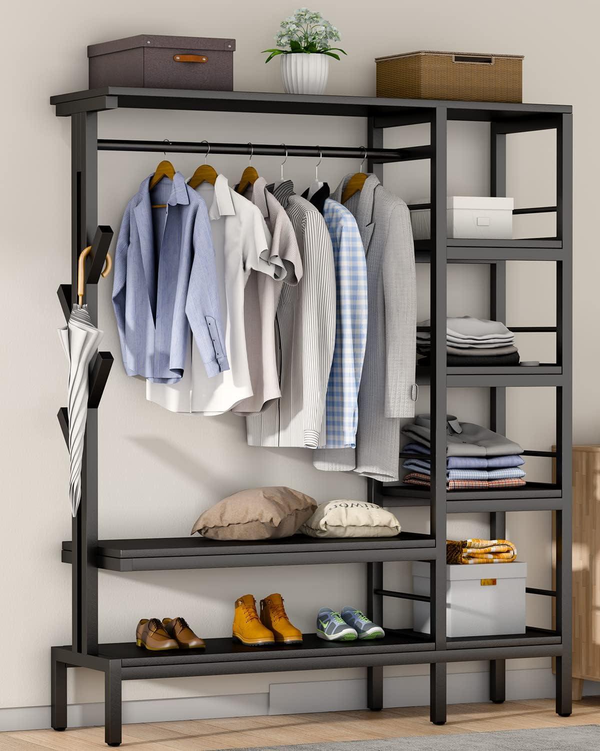 HOKEEPER Heavy Duty Extra Large Freestanding Closet Organizer With Coat Rack - Metal Wardrobe for Hanging Clothes, Storage Shelves, and Garment Rack for Bedroom