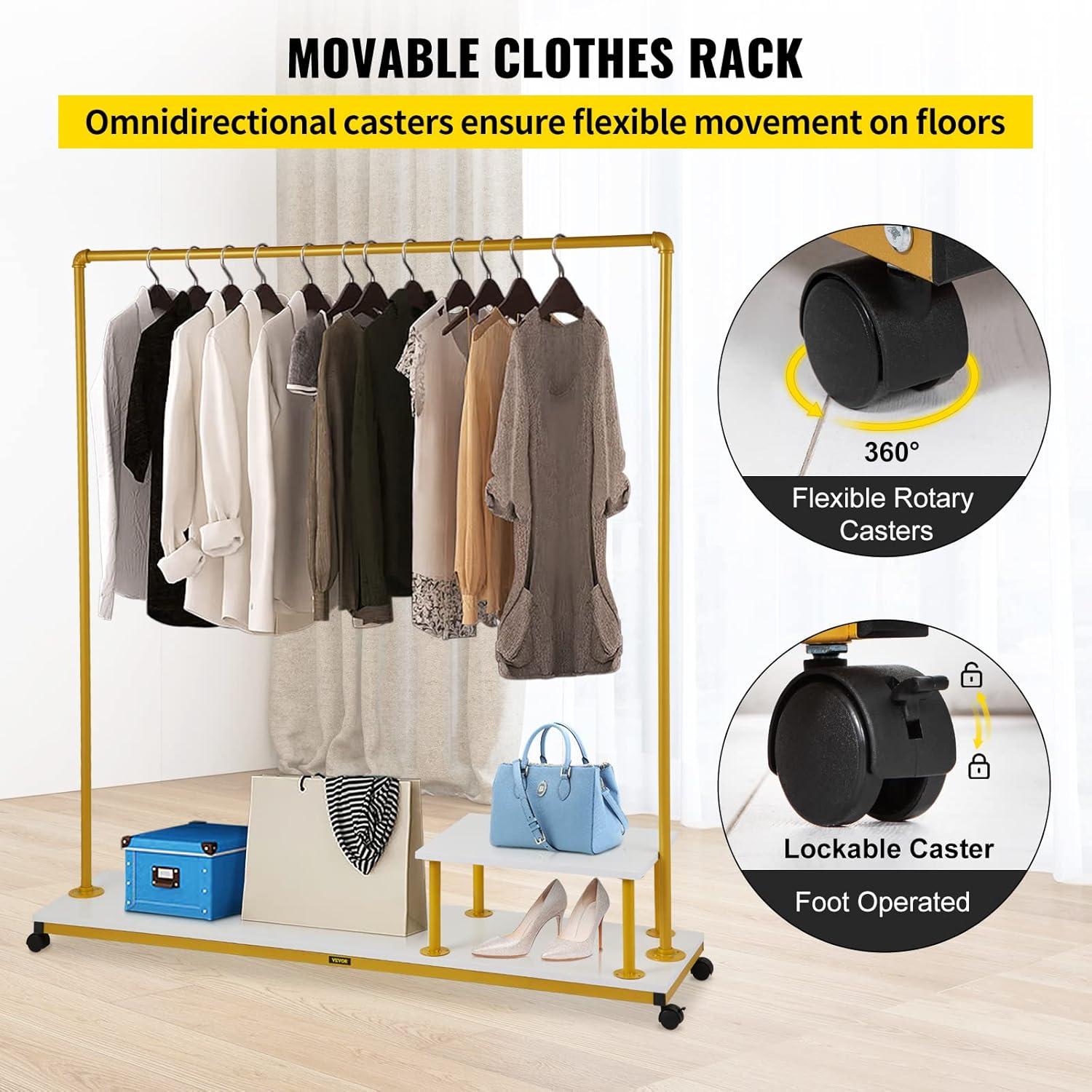 VEVOR Heavy-Duty Clothing Garment Rack with Wheels and Shelves - Gold, 59.1"x14.2"x63.0