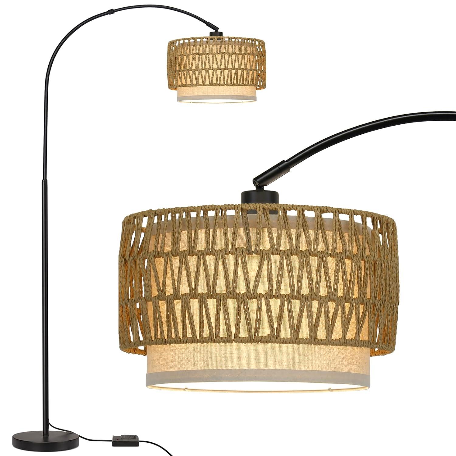 Rattan Floor Lamp, Dimmable Arc Floor Lamps for Living Room, Boho Farmhouse Standing Lamp with Adjustable Head, Tall Pole Lamp Reading Light for Bedroom, Over Couch, Office, 9W LED Bulb Included