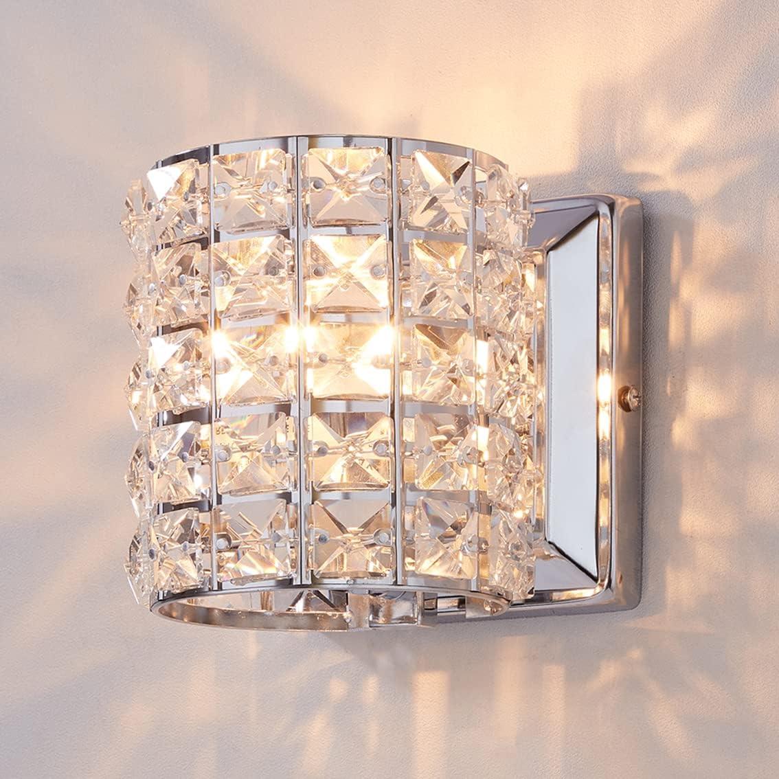 Modern Crystal and Chrome Wall Sconce Set of Two