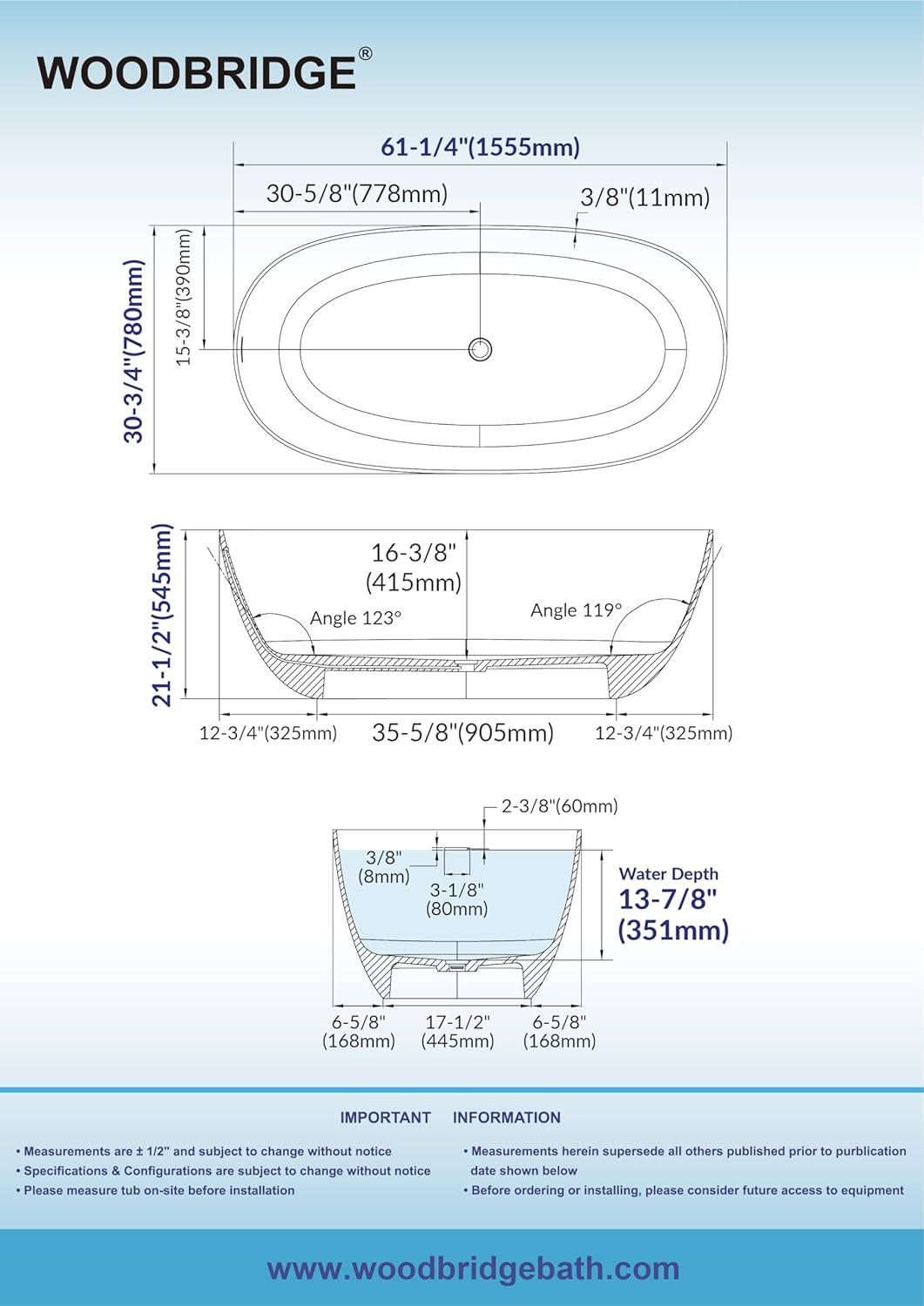 61-1/4" L X 30-3/4" W Solid Surface Stone Resin Freestanding Bathtub In Matte White, ,2 Drain Covers