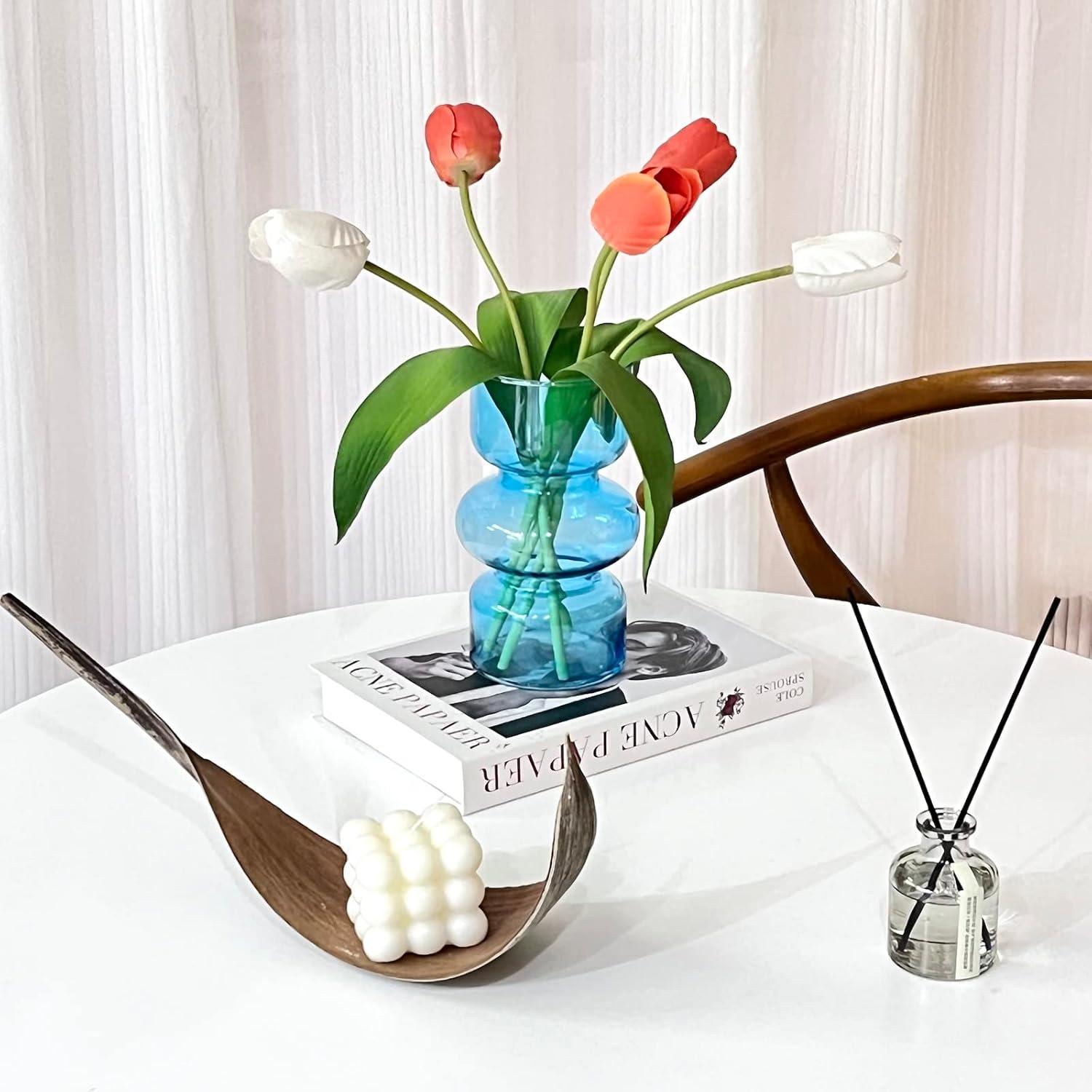 BLOFLO Blue Transparent Glass Hydroponic Vase, 7Inches Colored Glass Vase for Flower, Modern Geometric Three-Layer Floral Vases for Home Office Wedding Table Décor(Blue)