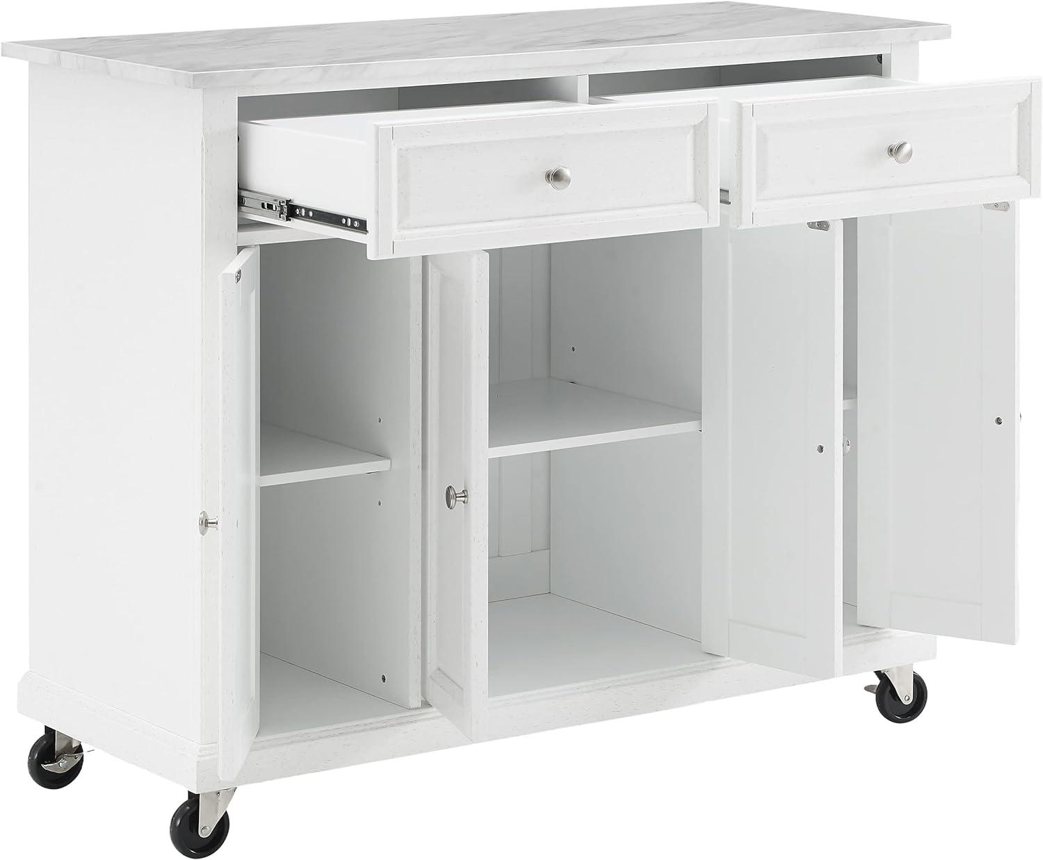 Avery Distressed White Kitchen Island Cart with Faux Marble Top