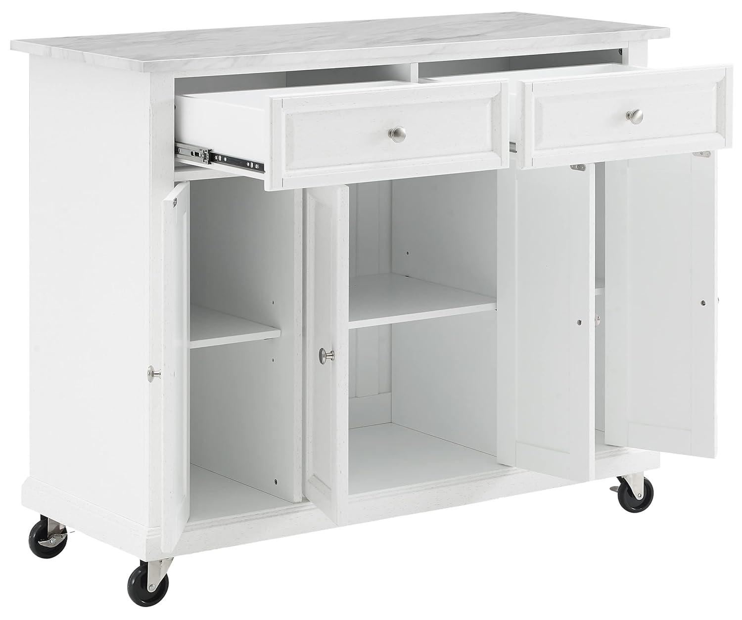 Avery Kitchen Island/Cart Distressed White/White Marble - Crosley: Adjustable Shelves, Particle Board Frame, 6 Shelves, 2 Drawers
