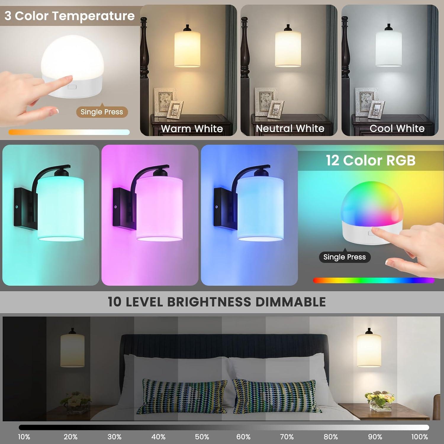 Latitude Run® Battery Operated Wall Sconce Set Of 2, Wireless Rechargeable Wall Lights, Glass Wall Lamps With Remotes And Dimmable RGB LED Bulbs, No Wiring Indoor Sconces Wall Decor For Bedroom Living Room Hallway