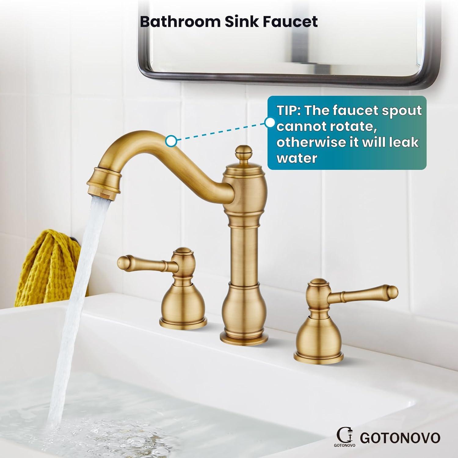 gotonovo Bathroom Faucet 3 Hole 8 Inch Widespread Bathroom Sink Faucet 2 Cross Handles Vintage Lavatory Vanity Mixer Tap with Pop Up Drain, H C Label, Antique Brass