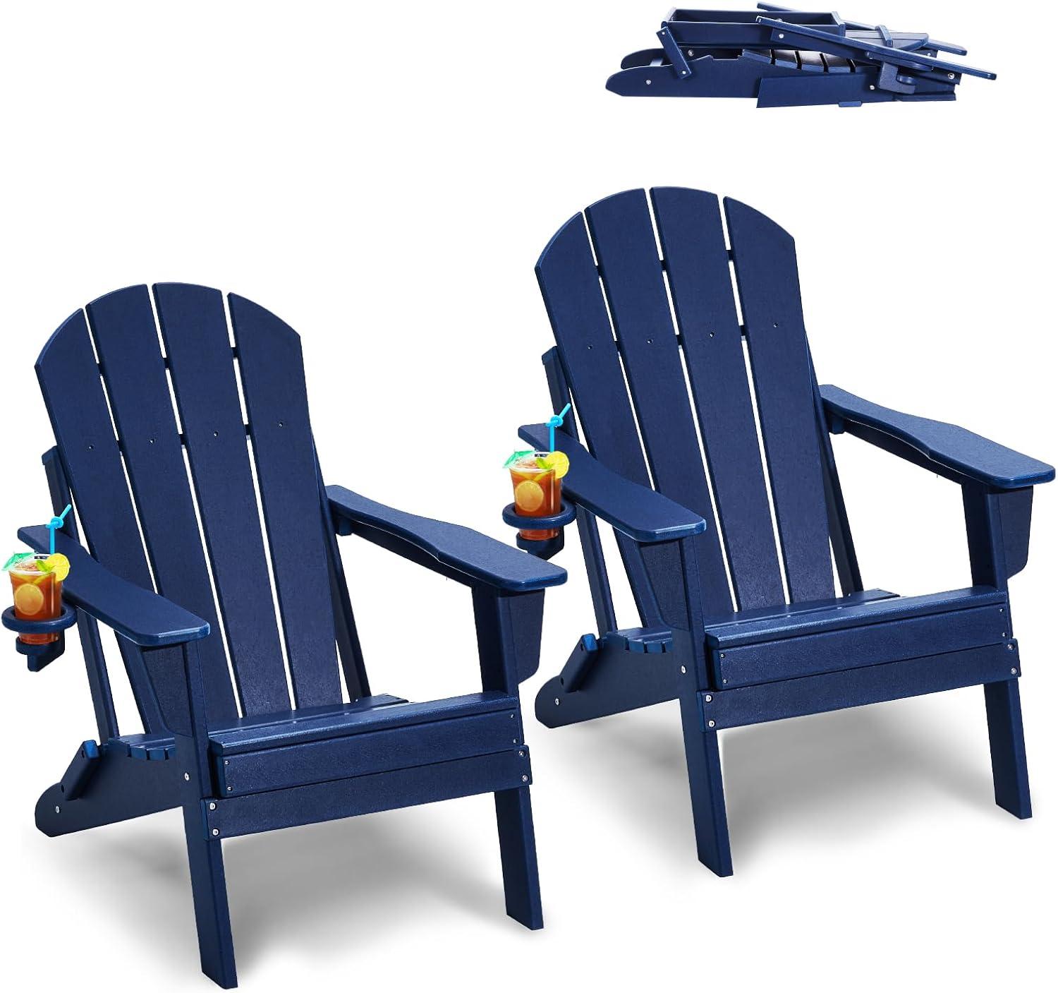 Navy Blue HDPE Folding Adirondack Chairs with Cup Holder, Set of 2