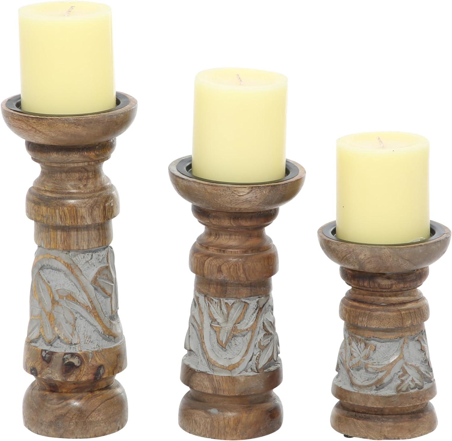 Elegant Bronze & Wood Pillar Candle Holder Trio, 3.9" x 9.95"