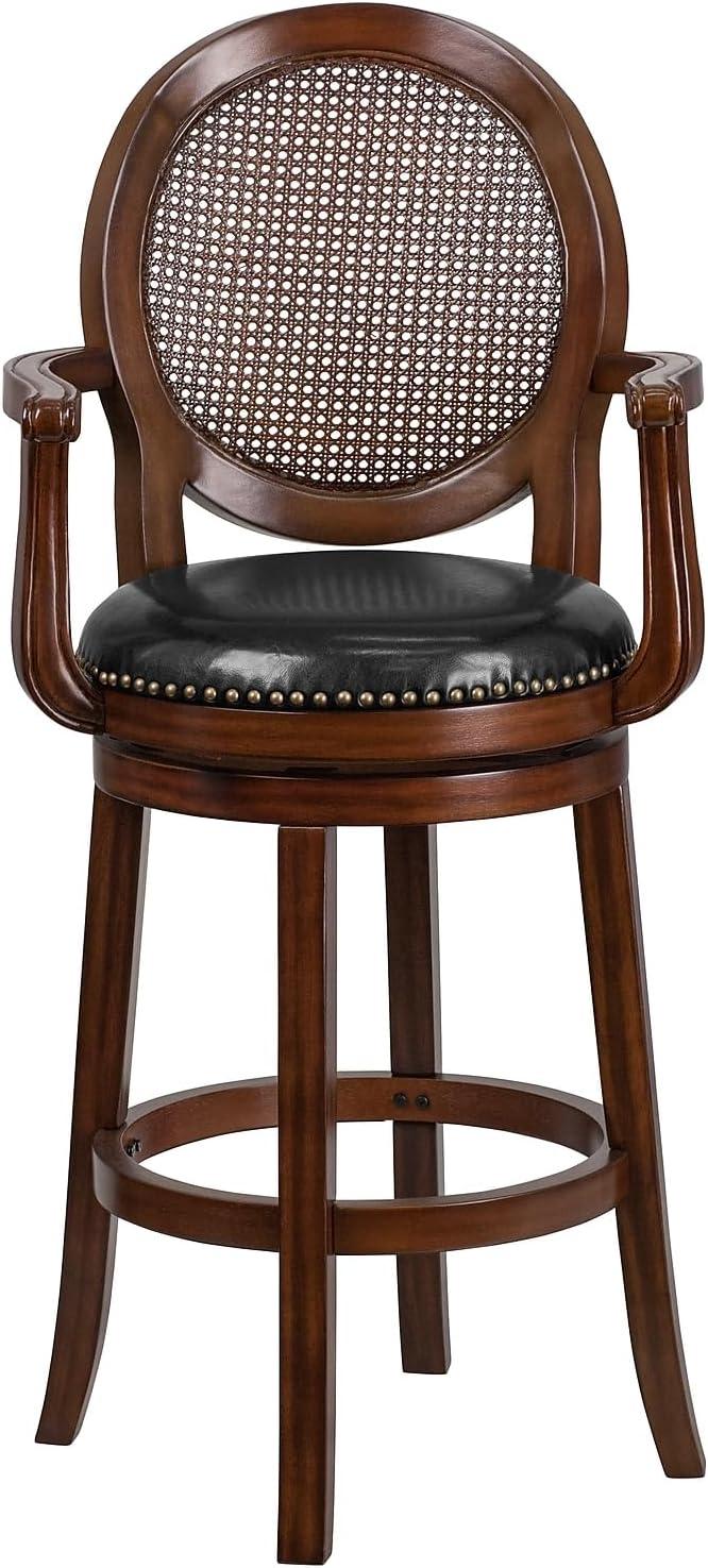 Flash Furniture 30'' High Expresso Wood Barstool with Arms, Woven Rattan Back and Black LeatherSoft Swivel Seat