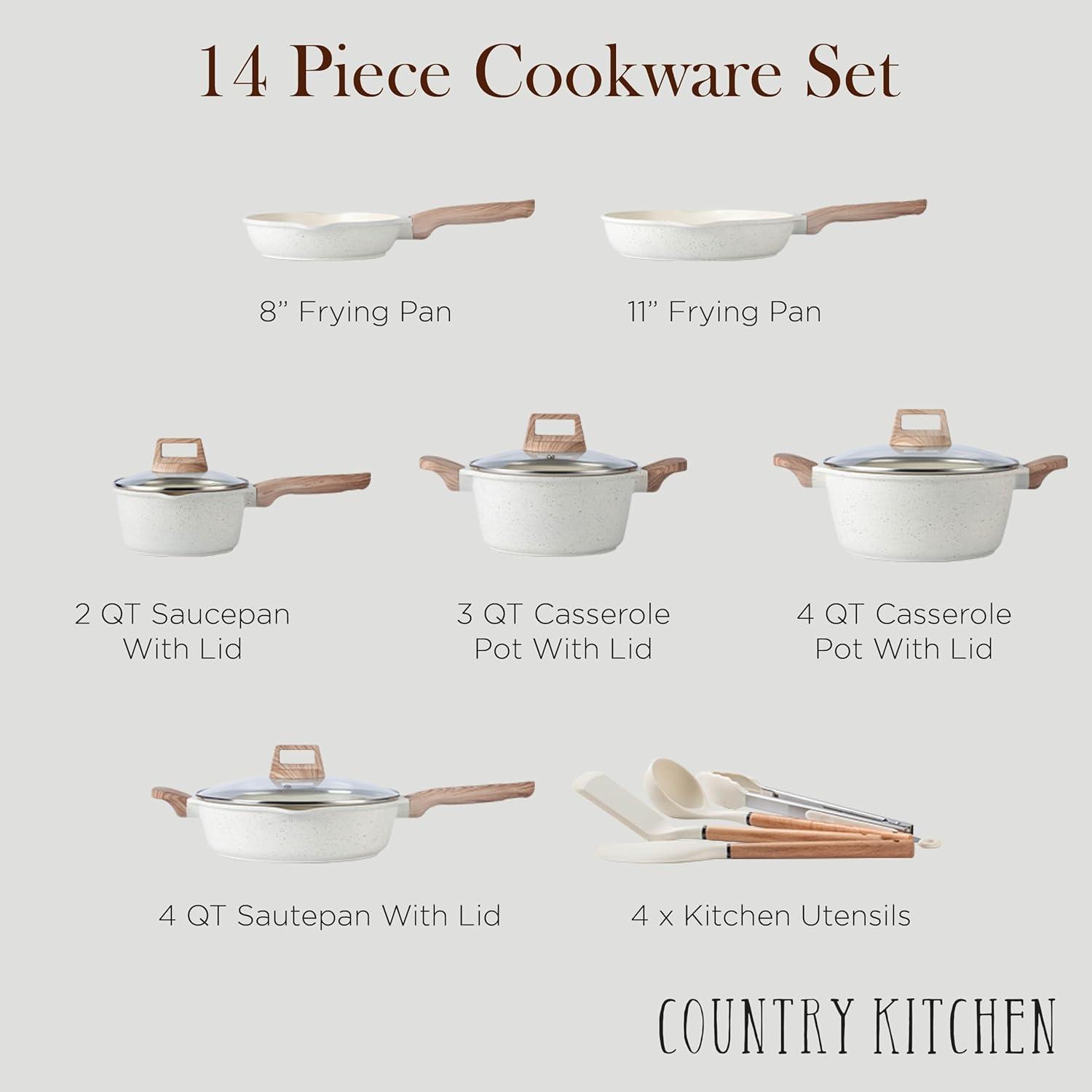 Cream Nonstick Aluminum Cookware Set with Wood Handles, 14 Pieces