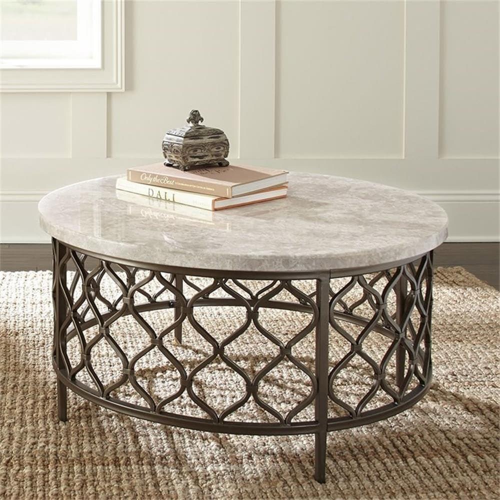 36'' Round White Stone Top Coffee Table with Bronze Metal Base