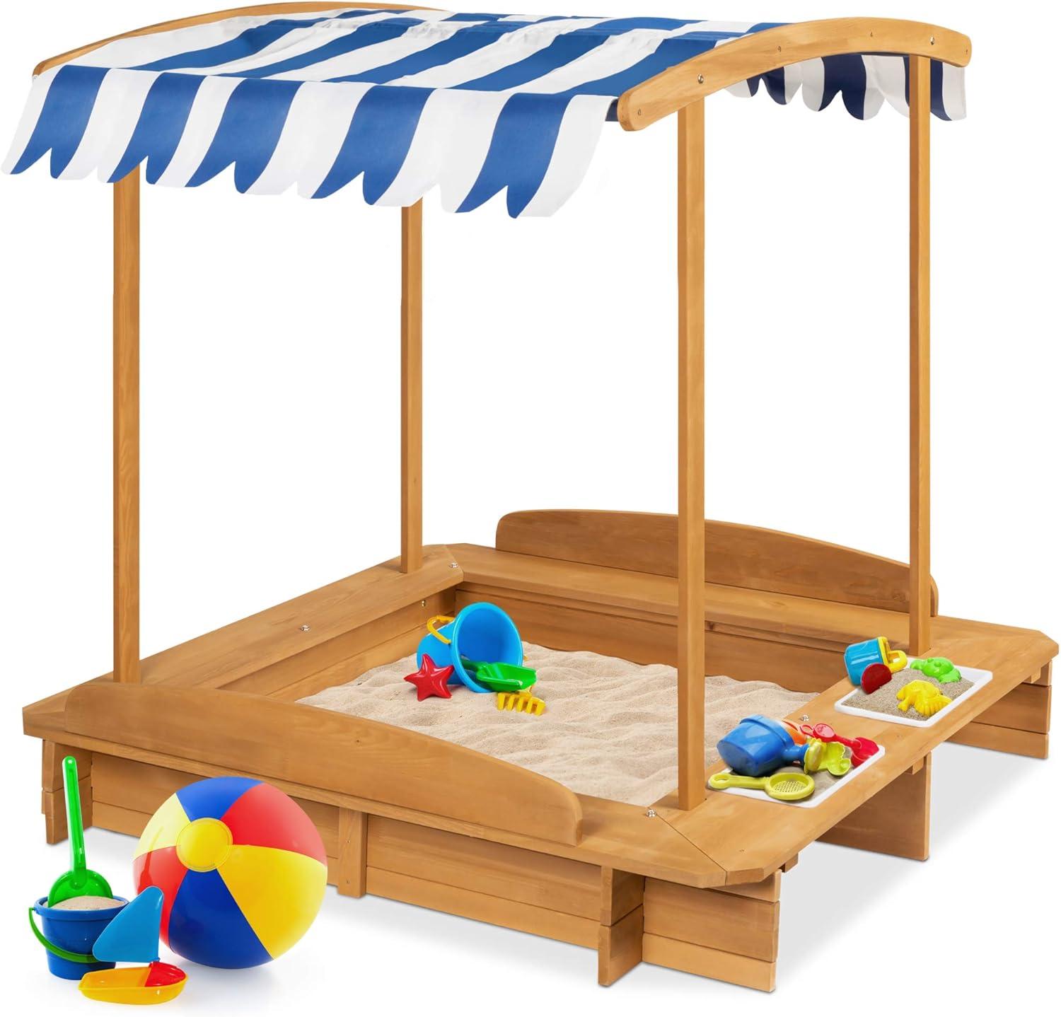 Best Choice Products Kids Wooden Cabana Sandbox w/ Bench Seats, UV-Resistant Canopy, Sandpit Cover, 2 Buckets - Natural