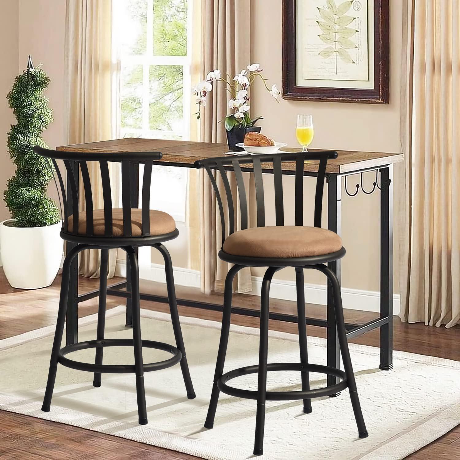 FurnitureR Brown Velvet 24'' Counter Stool Swivel High Back Barstools(Set of 2)