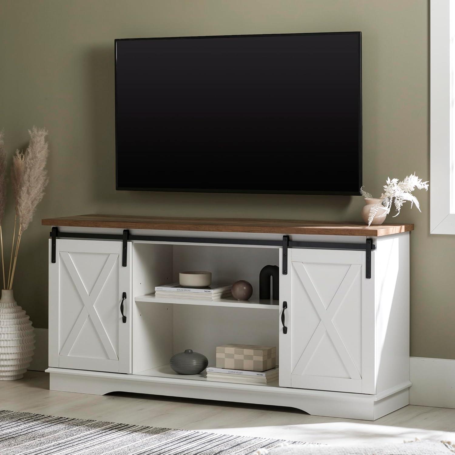 Walker Edison Farmhouse Sliding Barn Door TV Stand for TVs up to 65", White/Reclaimed Barnwood