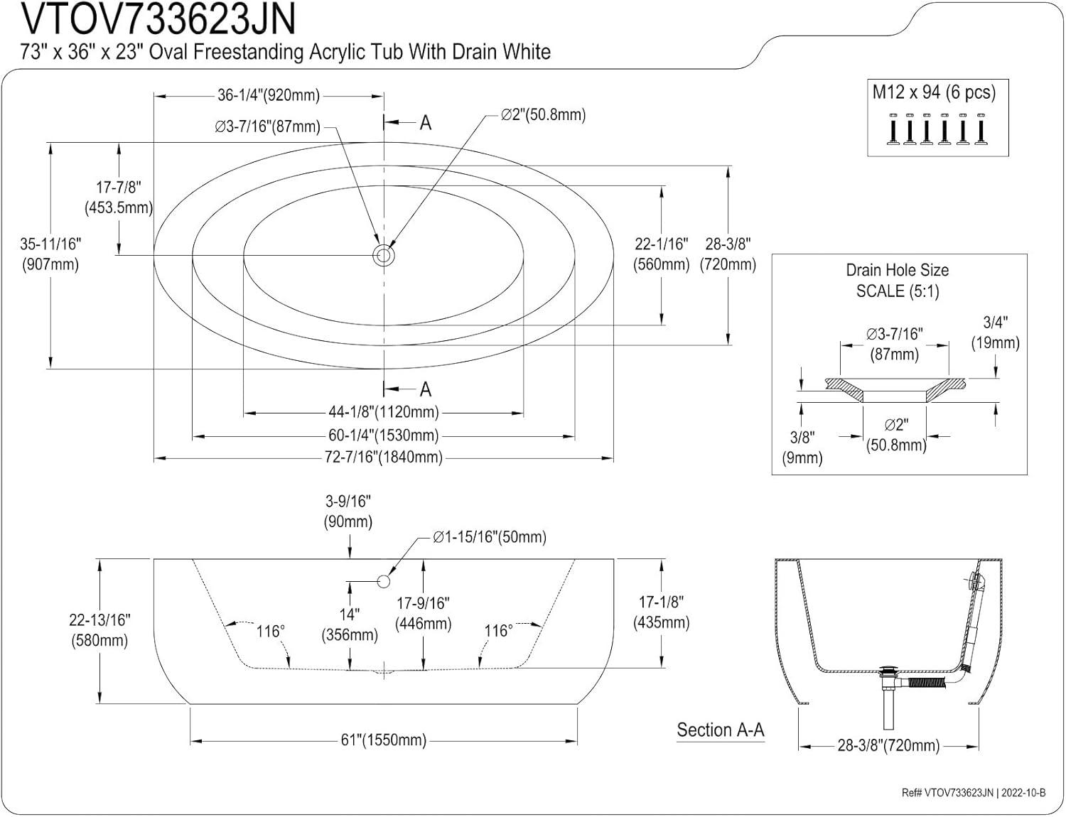 Kingston Brass Aqua Eden 72-Inch Acrylic Oval Double Ended Freestanding Tub with Drain