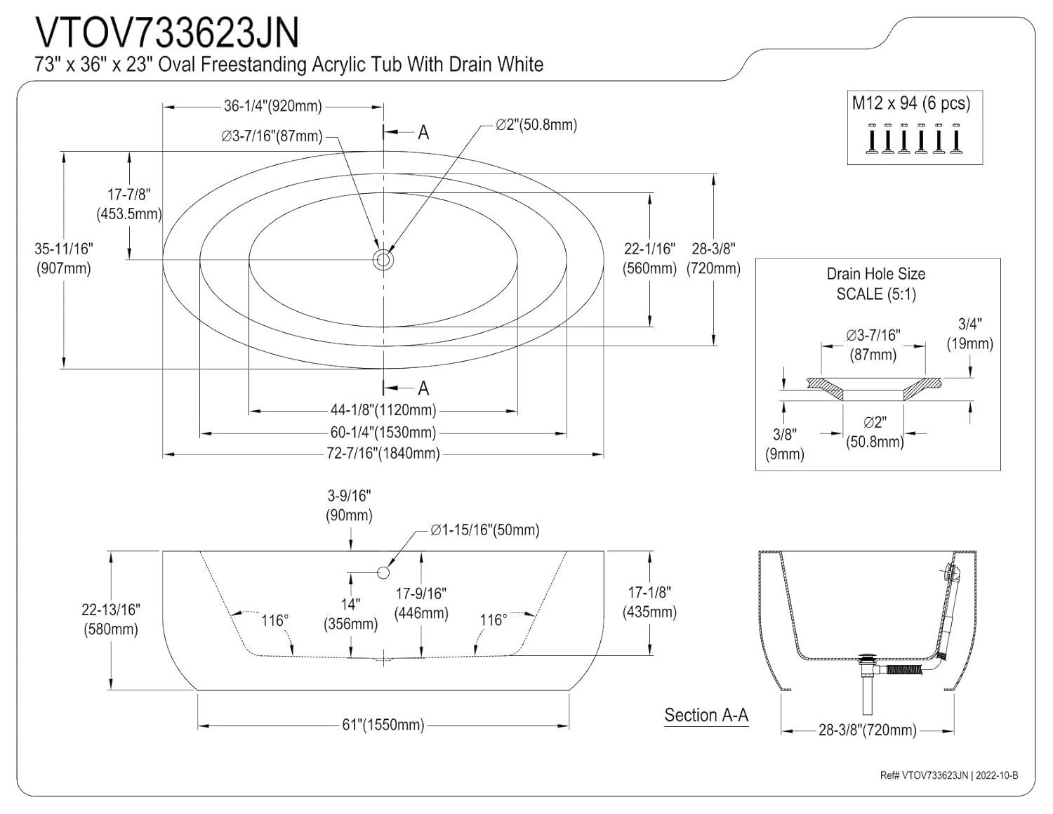 Kingston Brass Aqua Eden 72-Inch Acrylic Oval Double Ended Freestanding Tub with Drain