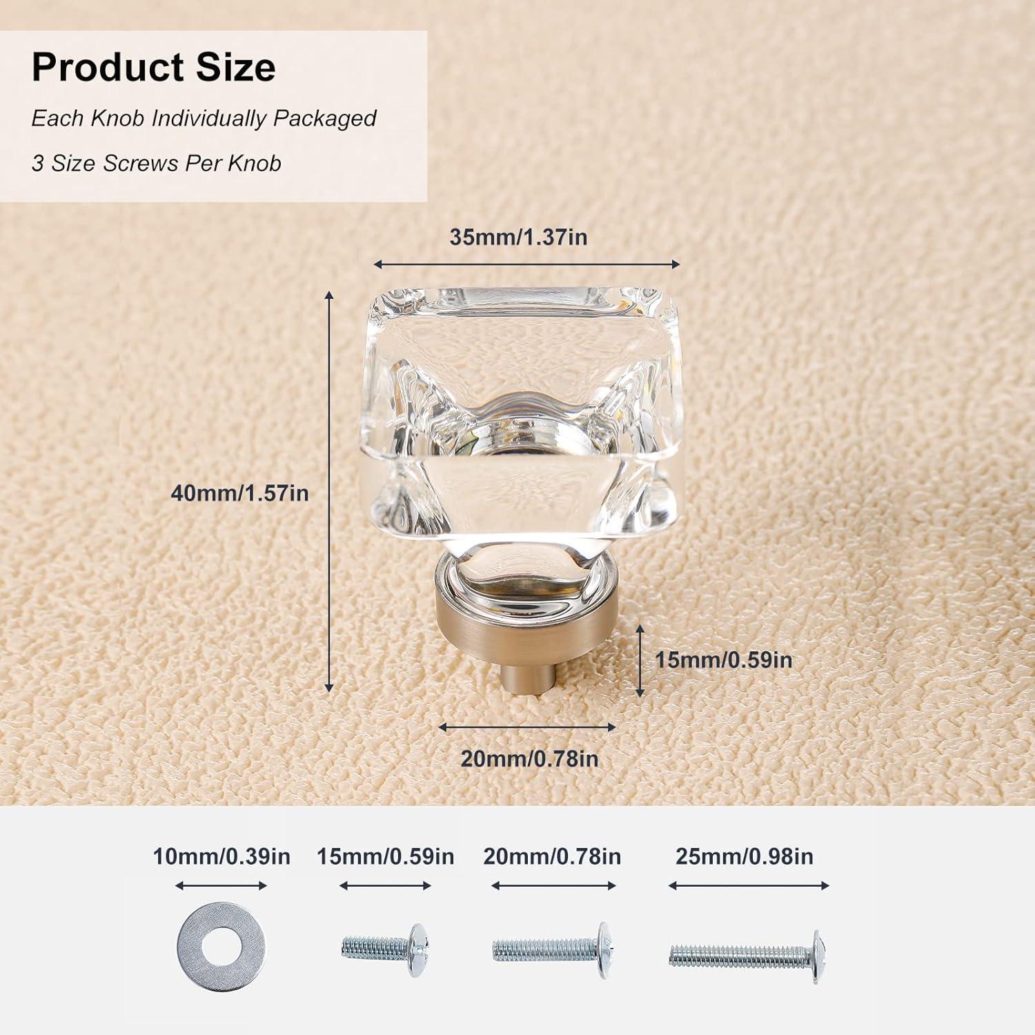 coolnews 4 Pack Crystal Glass Cabinet Knobs, Brushed Nickel Cabinet Knobs and Pulls, Square Knobs for Dresser Drawer
