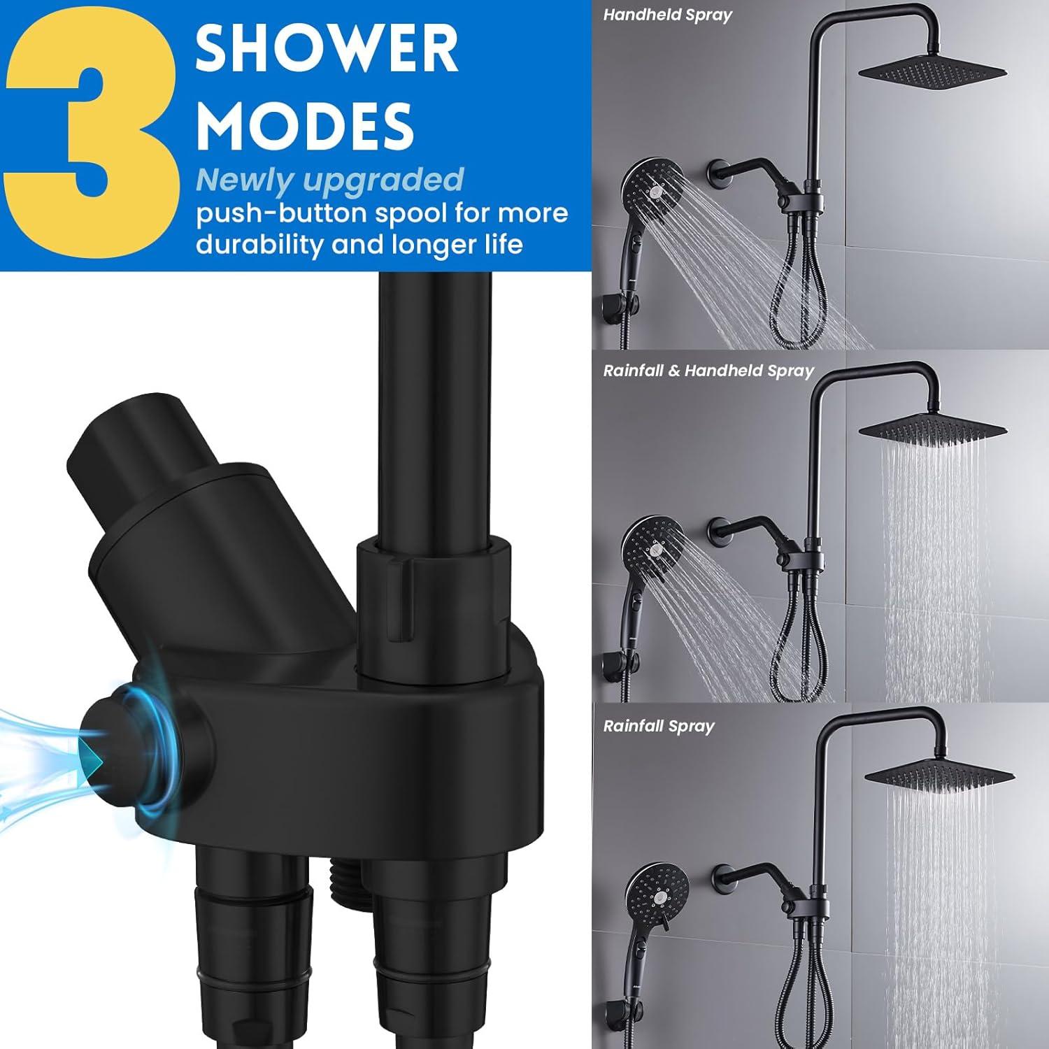 8" Dual Shower Head Combo, Rainfall Shower Head with Handheld, 6 Spray Settings Angle Adjustable Handheld Shower Head with Pause, Height Adjustable, Matte Black