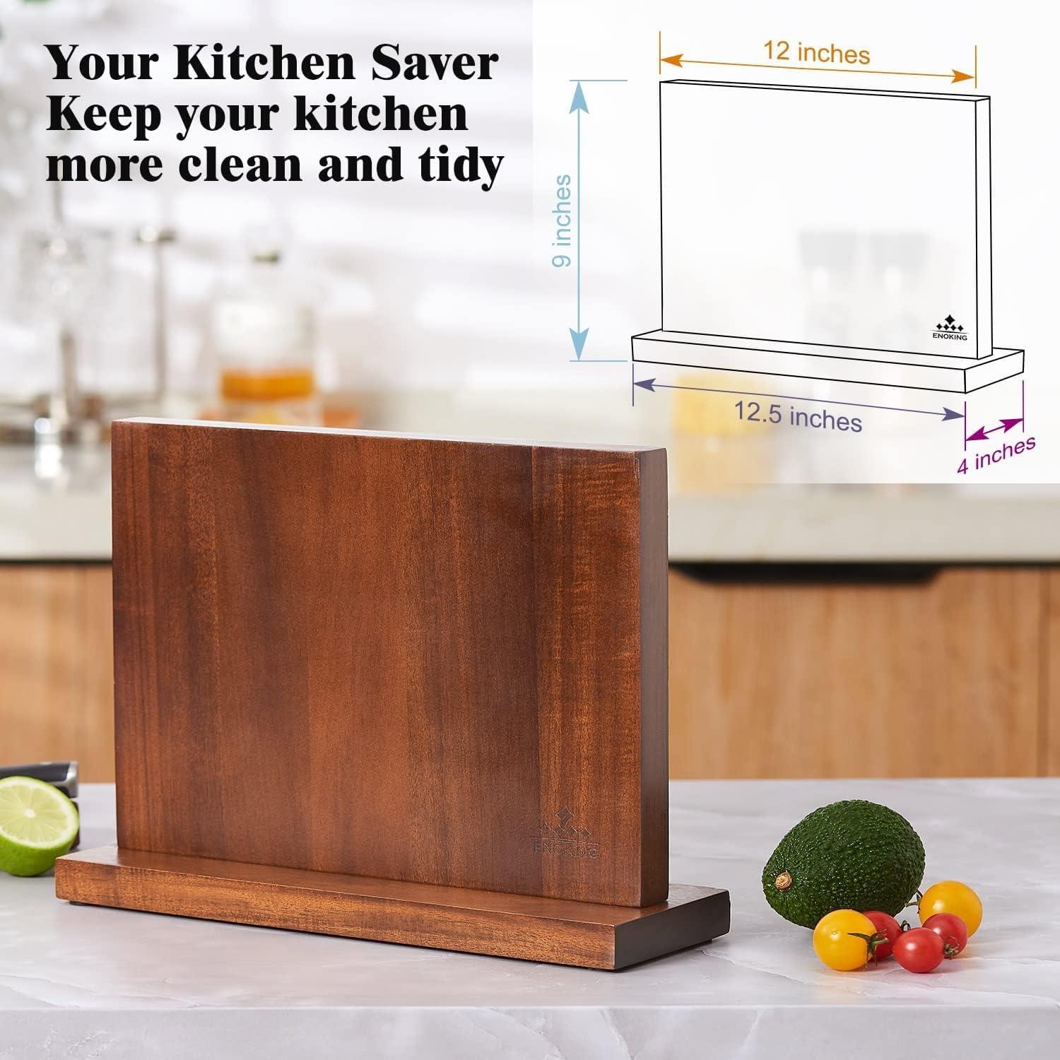 ENOKING Magnetic Knife Block 12.5 x 9 Inches, Double Side Magnetic Knife Holder Built in Three Powerful Magnets Strip, Acacia Wood Universal Knife Storage Organizer for Kitchen Counter C33