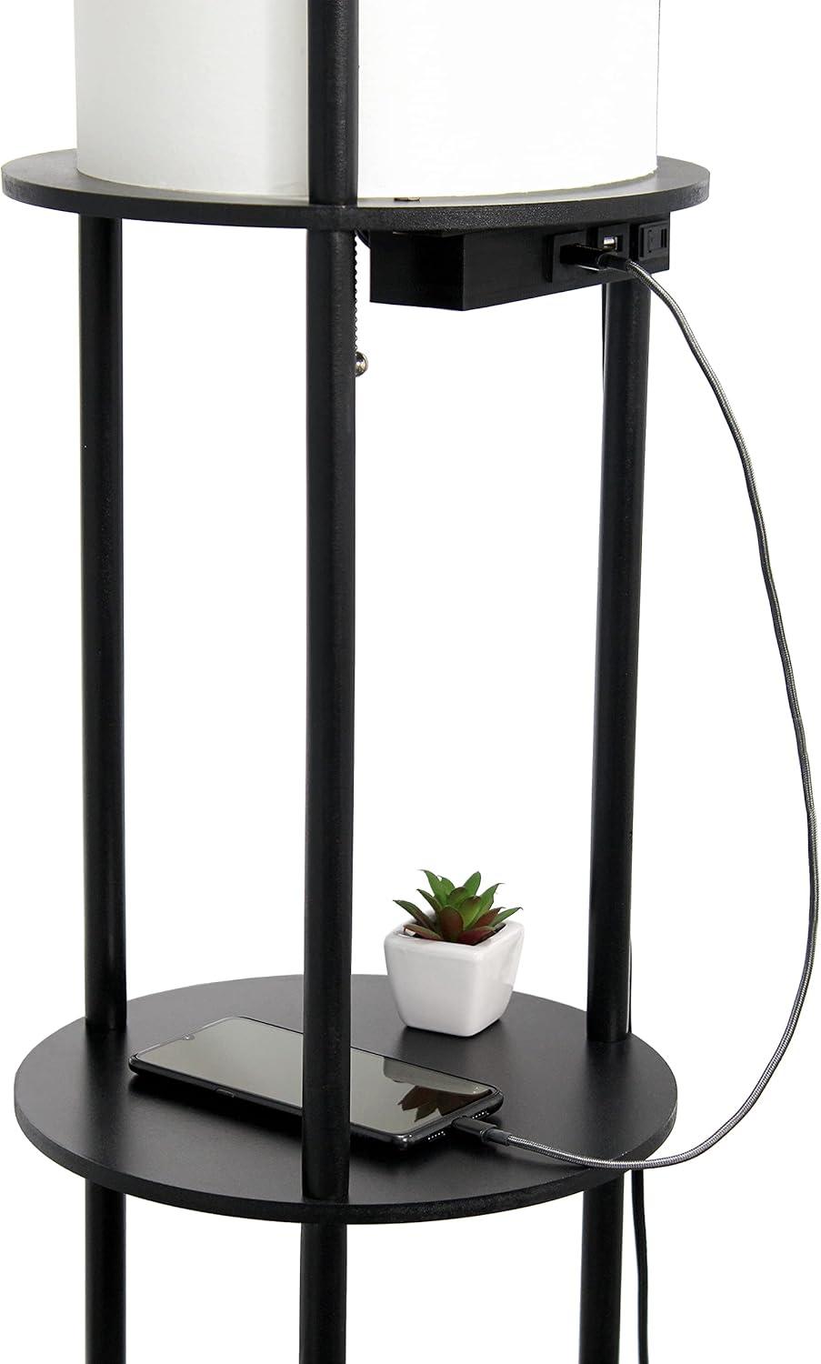 Elegant 62.5" Black Etagere Floor Lamp with USB Ports and Linen Shade