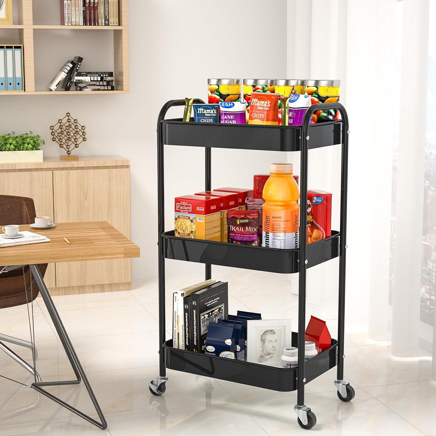 Black 3-Tier Metal Rolling Storage Cart with Wheels