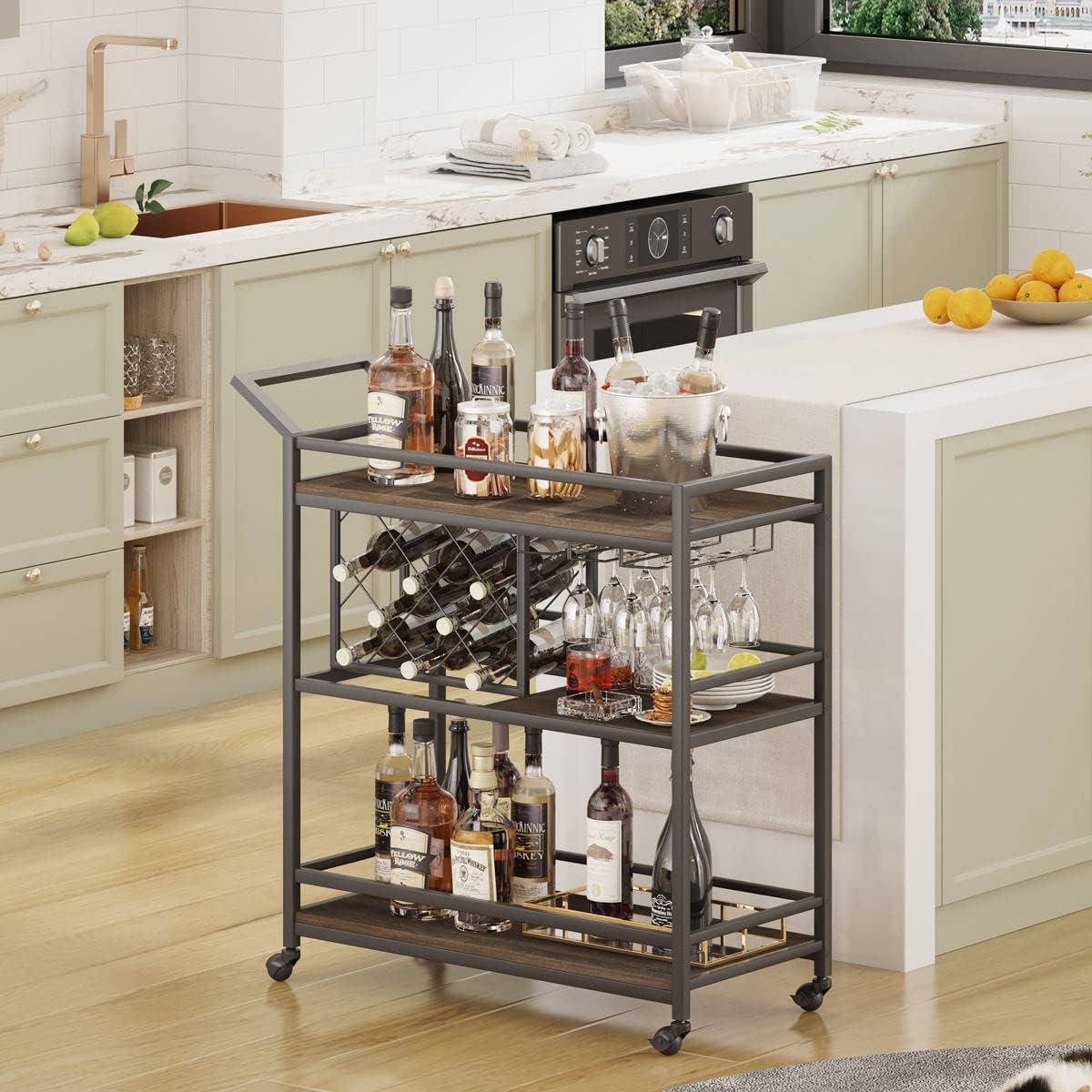 Costway 3-tier Bar Cart on Wheels Home Kitchen Serving Cart with Wine Rack & Glass Holder Rustic Brown