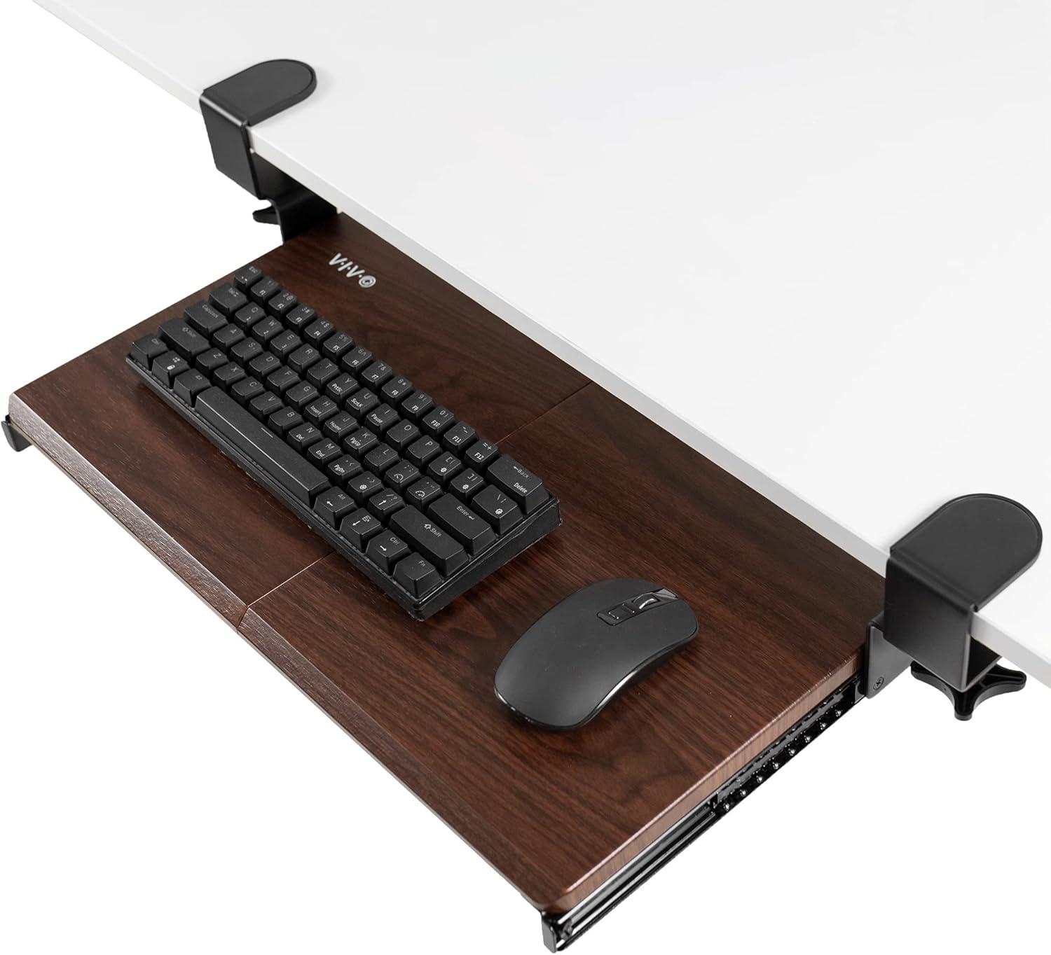 VIVO Dark Walnut Small Clamp-on Computer Keyboard & Mouse Under Desk Slider Tray