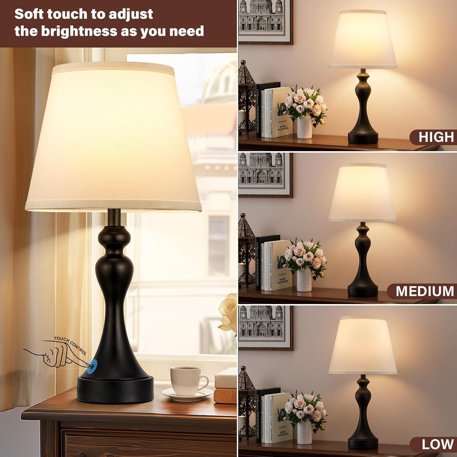 Black Touch Table Lamps with Light Oat Fabric Shades, Set of 2