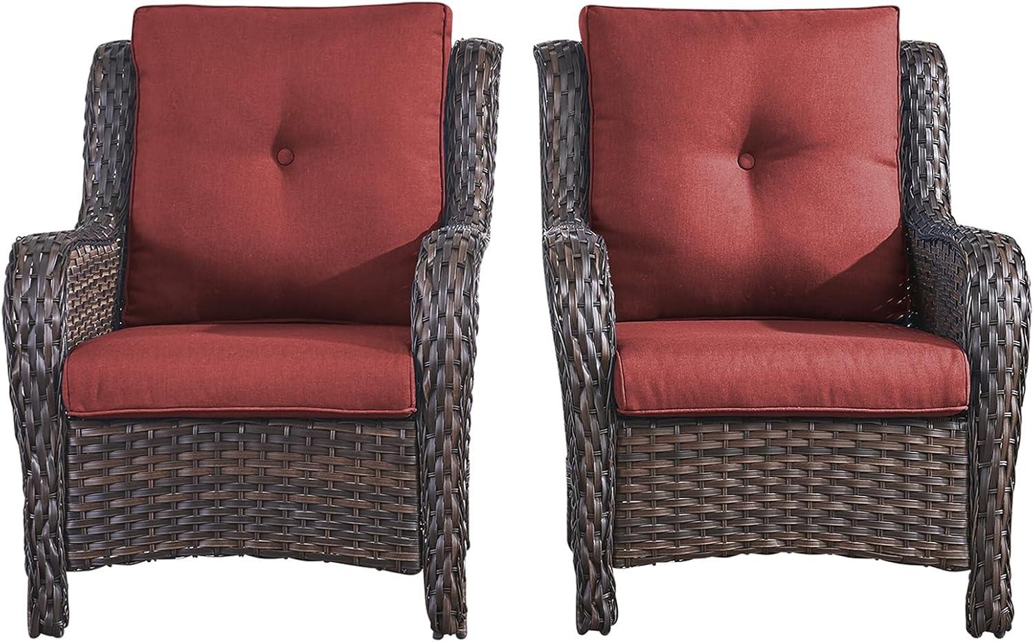 Rilyson Patio Furniture Chairs Outdoor Chair - 2 Piece Wicker Rattan Chairs Set with High Back and Deep Seating for Deck Porch Balcony Backyard Garden(Brown/Red)